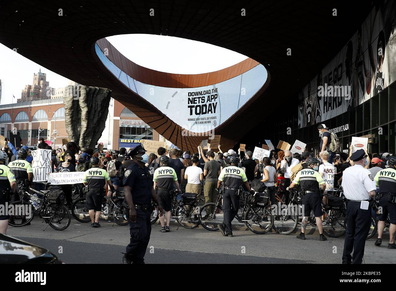 Demostrators protest in Barclays Center, New York, US, on May 29, 2020 ...
