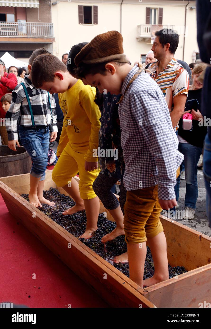 Italy Emilia Romagna Novafeltria: Festa della vendemmia e dei frutti d'autunno Pigiatura dell'uva da parte dei bambini| Italy Emilia Romagna Novafeltria: Festival of grape harvest and fruits - in autumn -Grape crushing by children Stock Photo