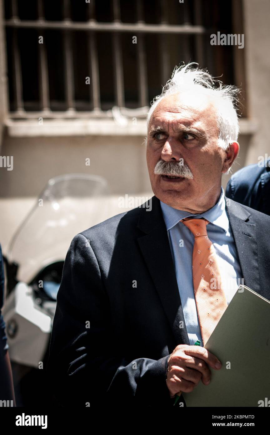 Former Carabinieri General Antonio Pappalardo, founder of the Orange Vests (Gilet Arancioni) movement leaves Palazzo Chigi to ask for the resignation of the Government and the President of the Republic on June 03, 2020 in Rome , Italy. (Photo by Andrea Ronchini/NurPhoto) Stock Photo