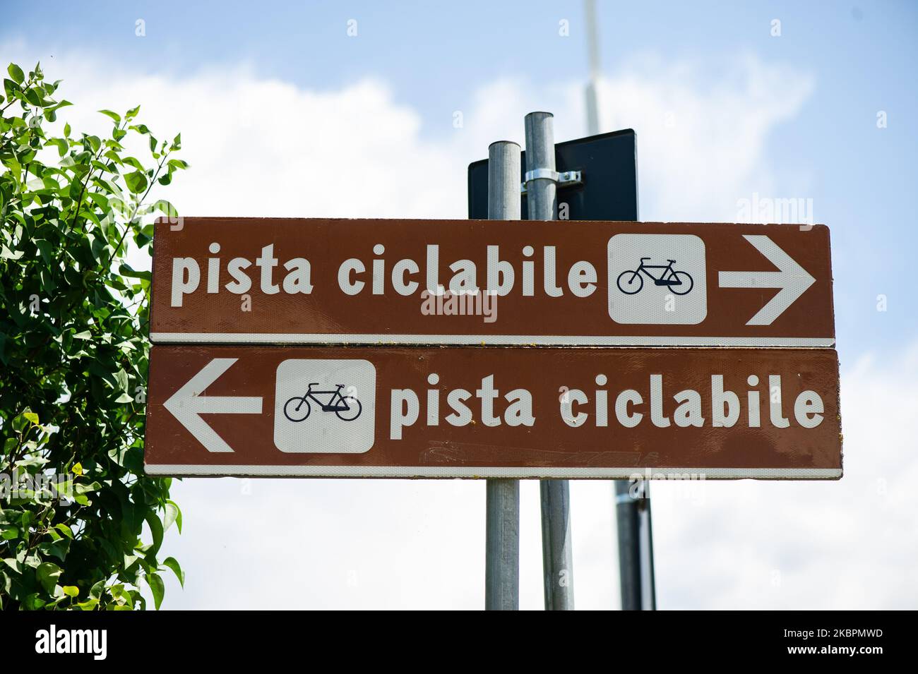 Picture shows bicycle sign in L'Aquila on June 3, 2020. United Nations General Assembly declared June 3 as International World Bicycle Day. (Photo Illustration by Lorenzo Di Cola/NurPhoto) Stock Photo