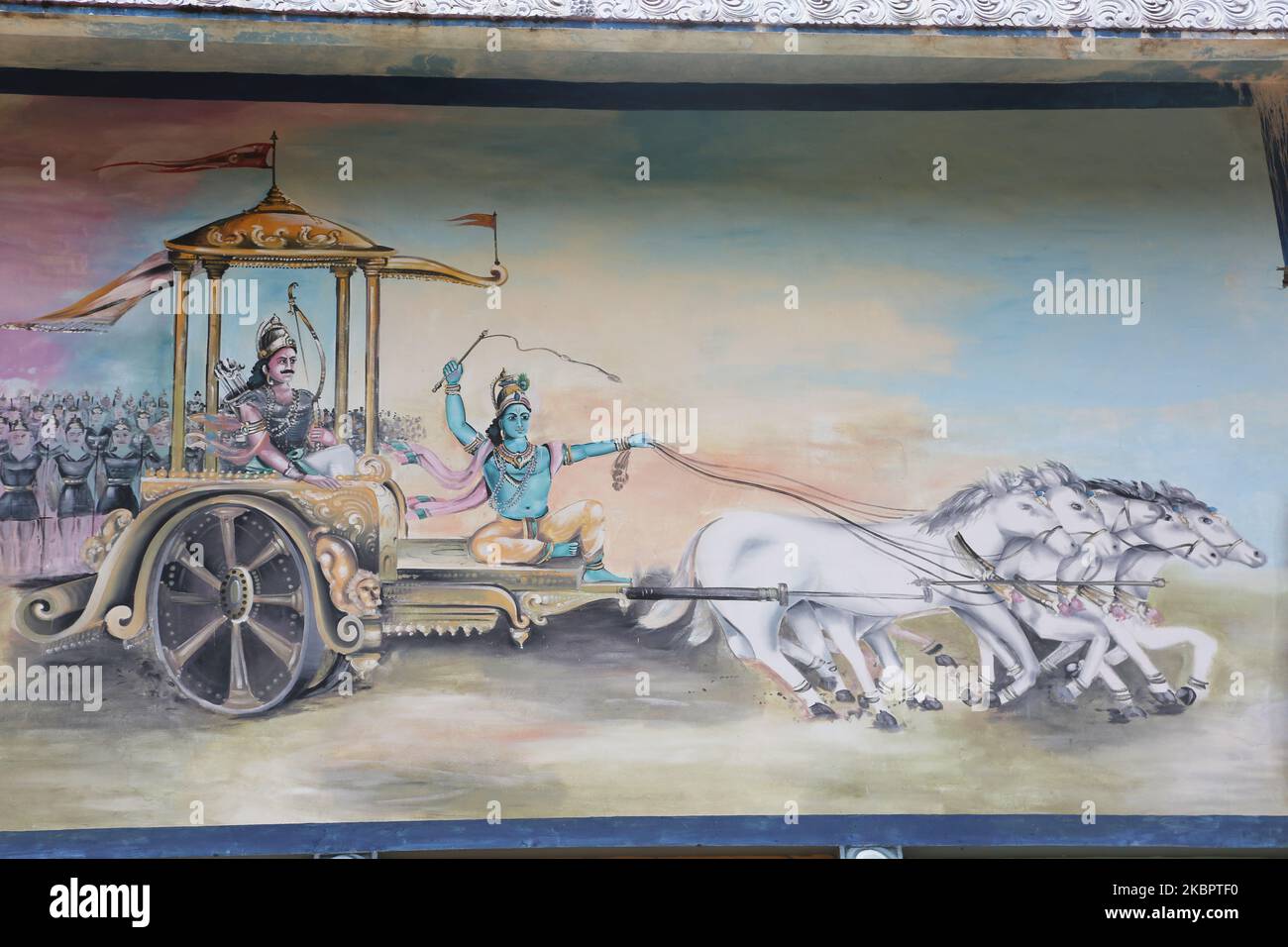 Fresco depicting a scene from the Hindu epic Mahabharat (Mahabharata) adorns the building that holds the chariot at the Arul Eswari Muthumariamman Hindu temple in Jaffna, Sri Lanka on August 15, 2017. (Photo by Creative Touch Imaging Ltd./NurPhoto) Stock Photo