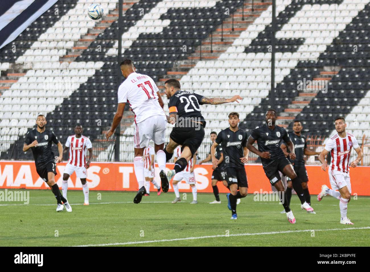 Vieirinha #20 captain of PAOK and Youssef El-Arabi or El Arabi #11 of Olympiacos Piraeus as seen in action during PAOK v Olympiacos 0-1 for the Playoffs game of Super League in Greece after a three month long coronavirus freeze of the Greek championship on June 7, 2020 in Thessaloniki, Greece. Toumba Stadium, home of PAOK was empty, without fans as a protective measure against the spread of COVID-19 coronavirus pandemic and all the people inside have been examined and provided with masks and gloves. (Photo by Nicolas Economou/NurPhoto) Stock Photo