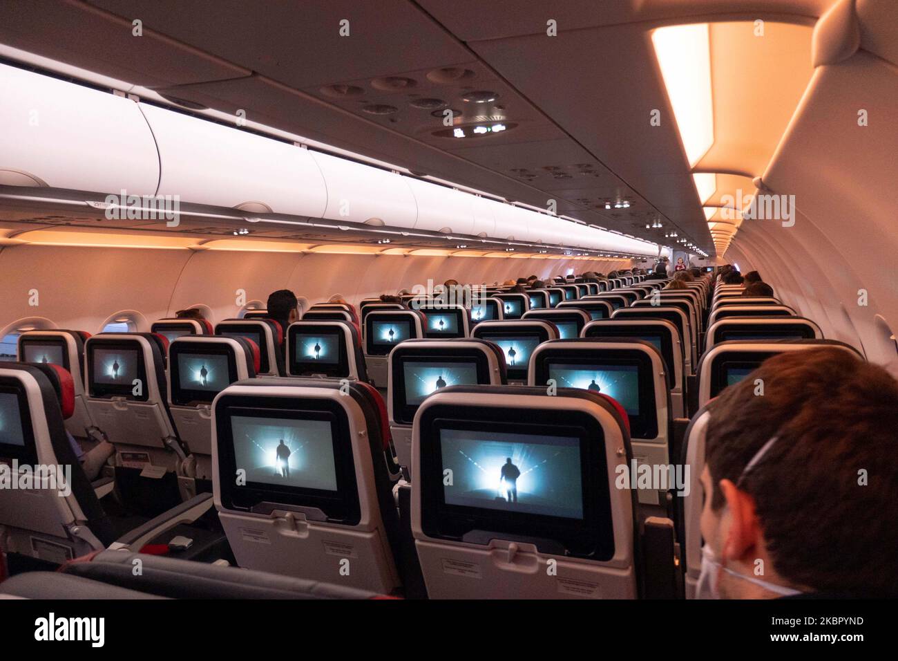Passengers wearing protective face masks during a flight. Flying with