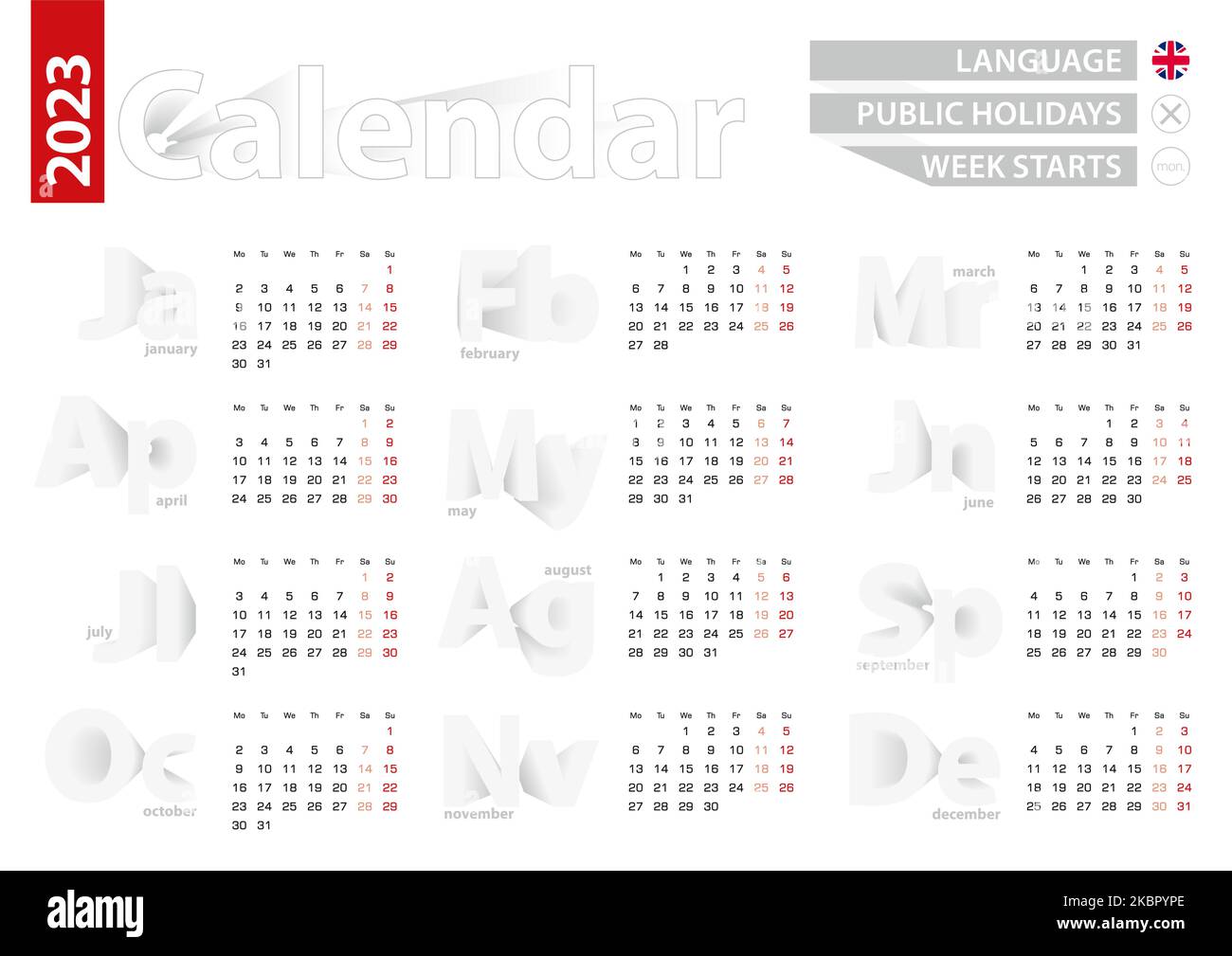 Calendar for 2023 year in english language, gray vector calendar. 2023 ...