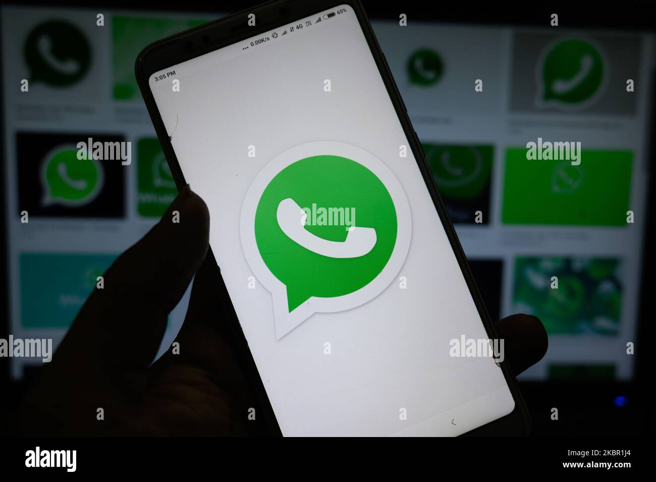 In this illustration photo, the logo of WhatsApp is displayed on a smartphone in Tehatta, Nadia, West Bengal, India on June 10, 2020. WhatsApp regularly comes with new features and updates that make the messaging experience better. Recently, WhatsApp rolled out Dark Mode, increased group voice and video call limit from four to eight, restricted frequently forwarded messages to be sent to more than one chat at a time. (Photo Illustration by Soumyabrata Roy/NurPhoto) Stock Photo