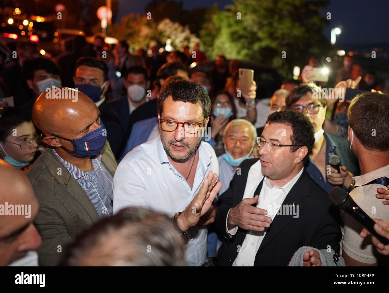 Italian Lega Party Secretary Matteo Salvini talks to journalists and people during the election visit to the Sicily region while dozens of protesters contest it in Milazzo, Sicily, Italy, on June 12, 2020. (Photo by Gabriele Maricchiolo/NurPhoto) Stock Photo