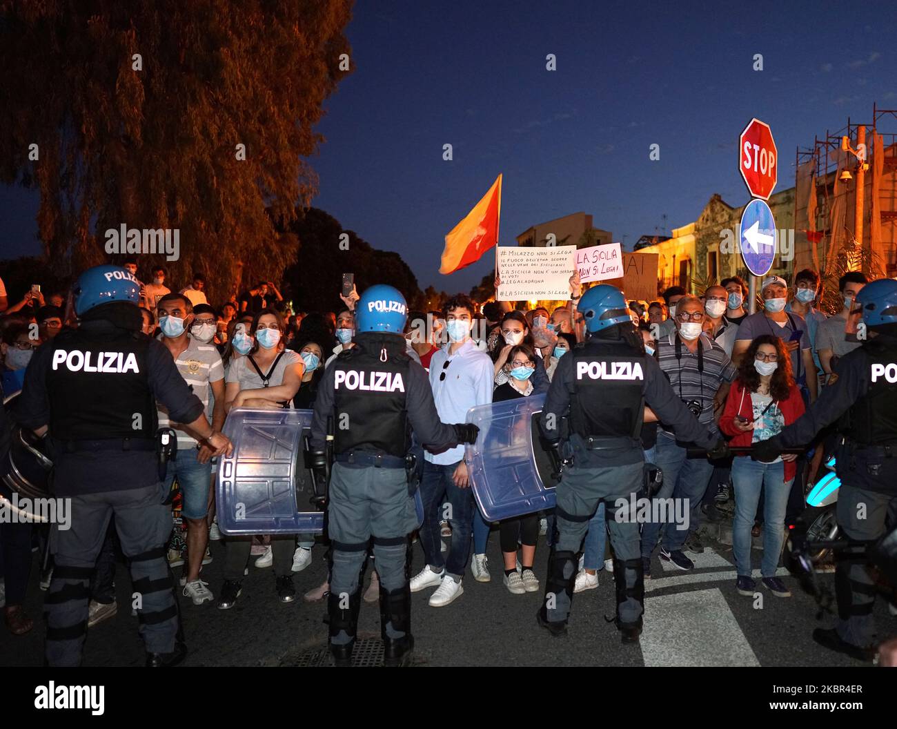 Some people protest against the Italian Lega Party Secretary Matteo Salvini during his visit to the Sicily region in Milazzo, Sicily, Italy, on June 12, 2020. (Photo by Gabriele Maricchiolo/NurPhoto) Stock Photo