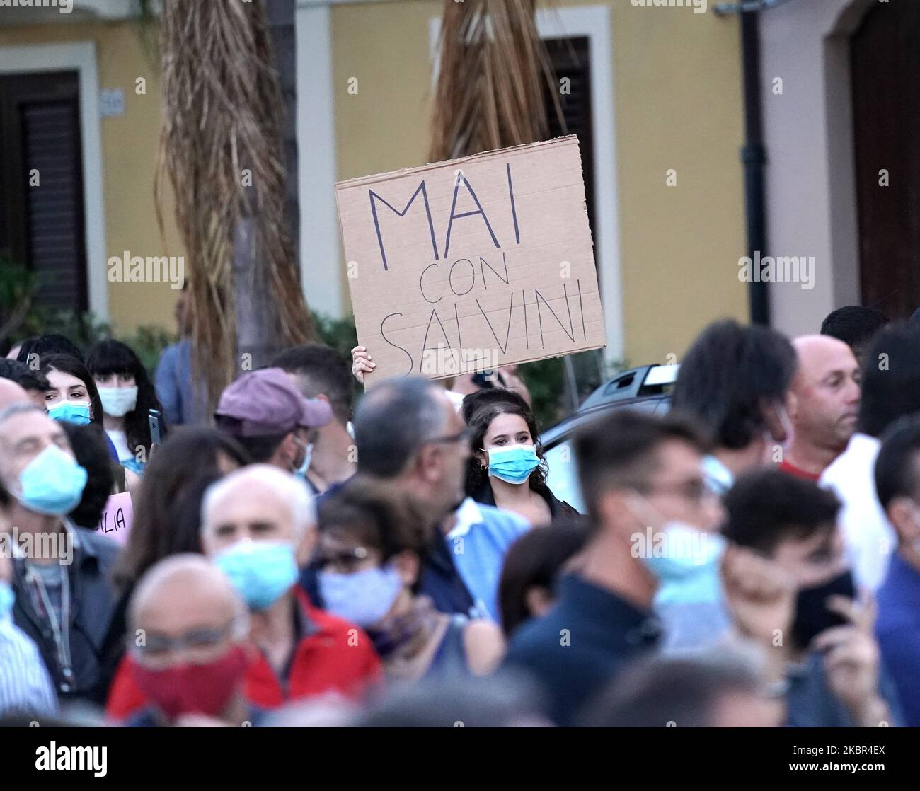Some people protest against the Italian Lega Party Secretary Matteo Salvini during his visit to the Sicily region in Milazzo, Sicily, Italy, on June 12, 2020. (Photo by Gabriele Maricchiolo/NurPhoto) Stock Photo