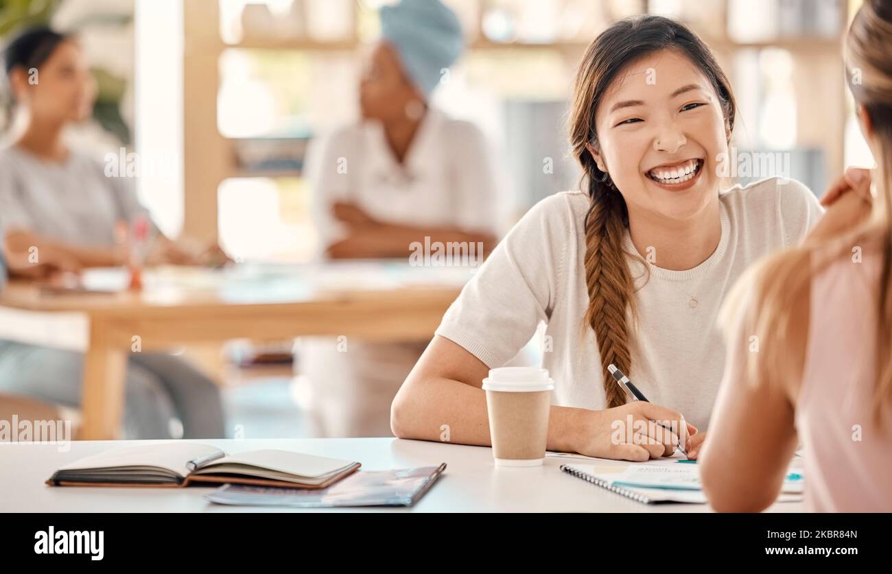 Business women, bonding and coffee break planning with documents, kpi