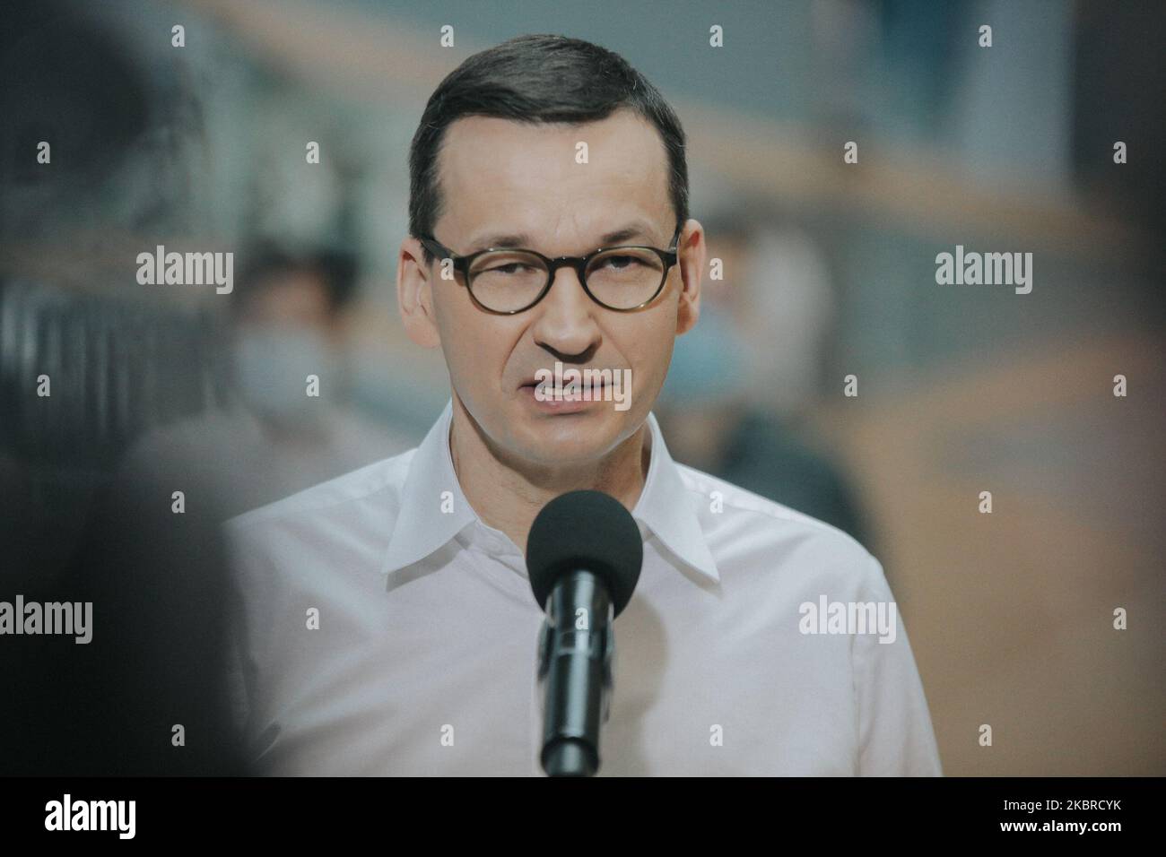 Prime Minister Mateusz Morawiecki came to Wroc?aw on June 20, 2020. He visited Scanway and congratulated them on their technological development. (Photo by Krzysztof Zatycki/NurPhoto) Stock Photo