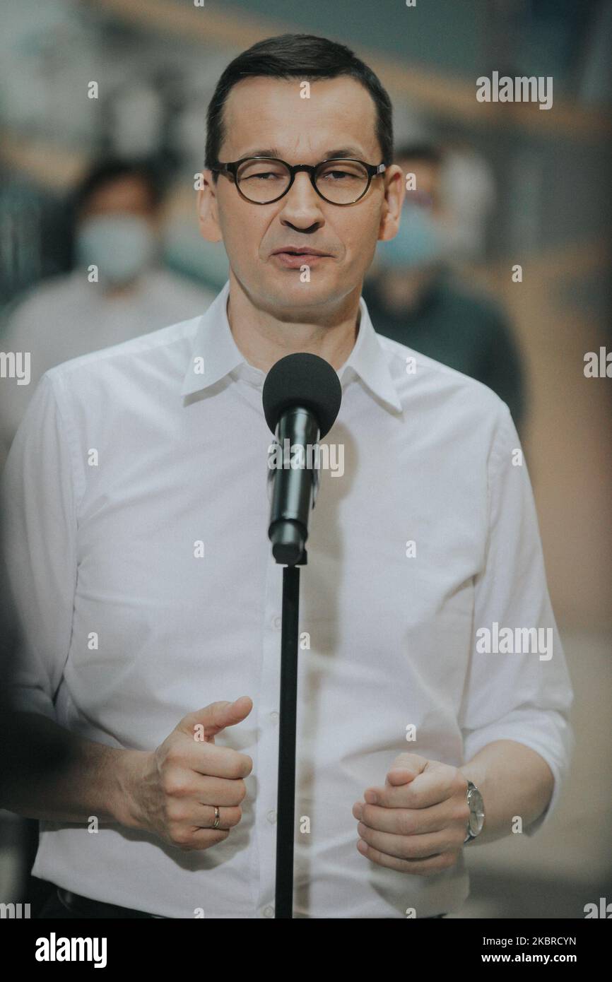 Prime Minister Mateusz Morawiecki came to Wroc?aw on June 20, 2020. He visited Scanway and congratulated them on their technological development. (Photo by Krzysztof Zatycki/NurPhoto) Stock Photo