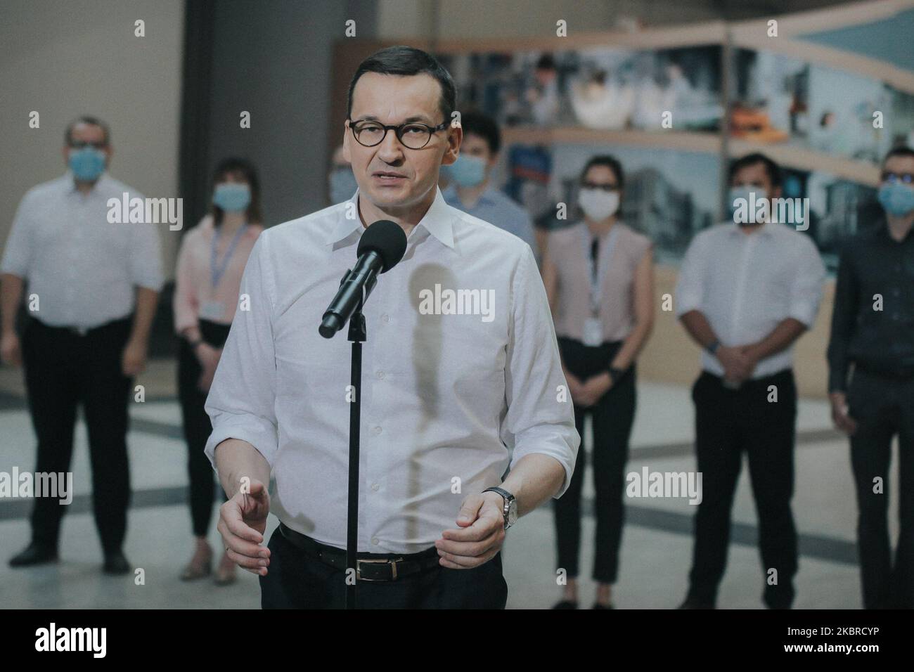 Prime Minister Mateusz Morawiecki came to Wroc?aw on June 20, 2020. He visited Scanway and congratulated them on their technological development. (Photo by Krzysztof Zatycki/NurPhoto) Stock Photo