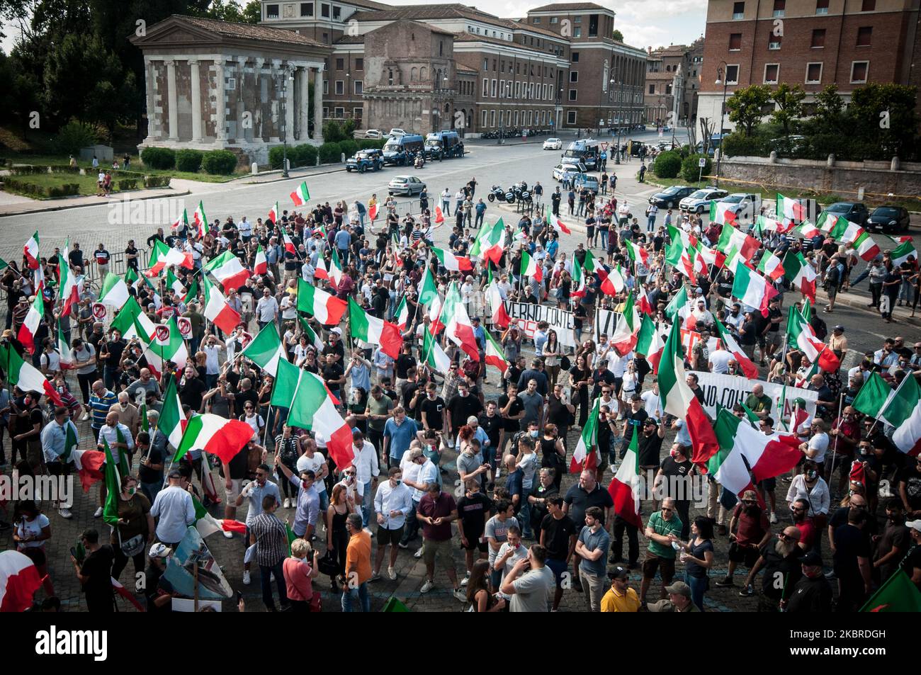 First national demonstration of the 'Mascherine Tricolori' in Piazza della Bocca Della Verita, in the heart of Rome, Italy, on June 20, 2020. The movement was born during the lockdown to protest against the measures decided by the government. (Photo by Andrea Ronchini/NurPhoto) Stock Photo