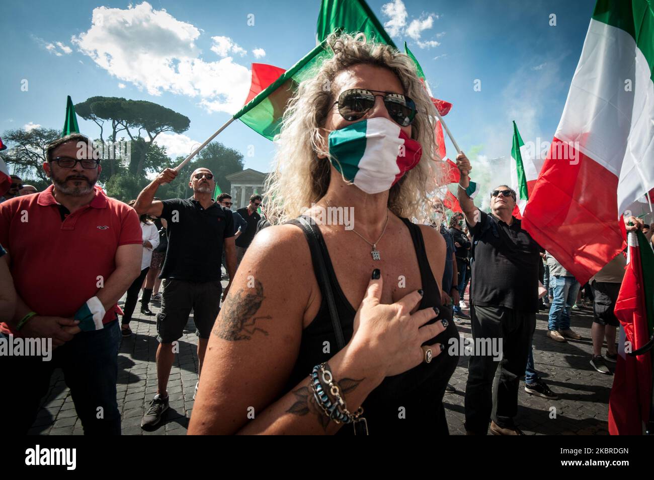First national demonstration of the 'Mascherine Tricolori' in Piazza della Bocca Della Verita, in the heart of Rome, Italy, on June 20, 2020. The movement was born during the lockdown to protest against the measures decided by the government. (Photo by Andrea Ronchini/NurPhoto) Stock Photo