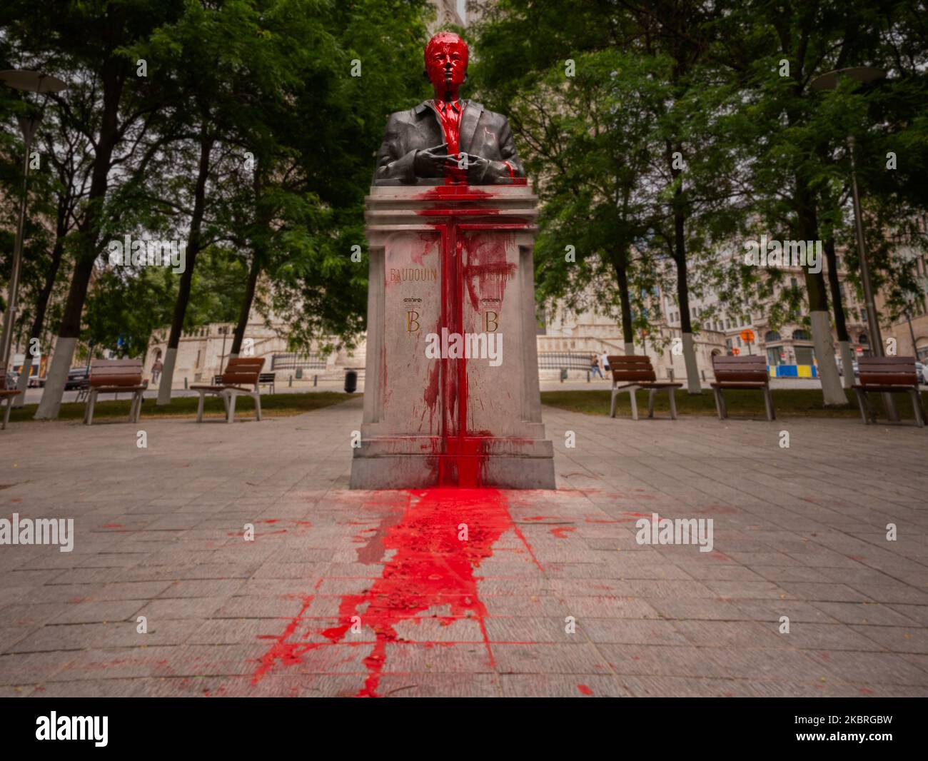 Vandalized statue of King of Belgium Boudewijn in Brussels - Belgium on 22 June 2020. He was the last Belgian king to be sovereign of the Congo, in 1960, King Boudewijn declared the Belgian colony of Congo independent. Protest and demonstrations against racism have been raging worldwide since the death of American George Floyd. Due to the increasing awareness of colonialism in Belgium municipalities and mayors will decide what to do with King Leopold II statues and names related to colonial Congo. (Photo by Jonathan Raa/NurPhoto) Stock Photo