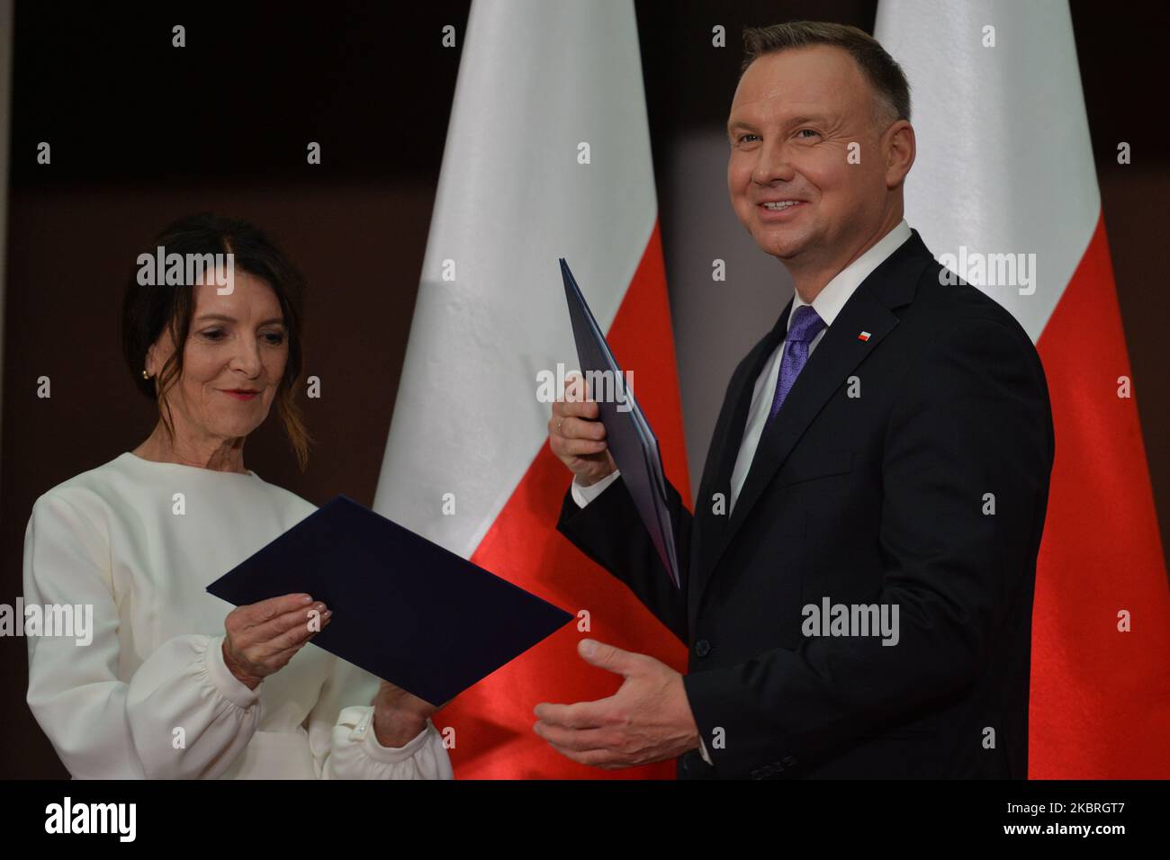 Andrzej Duda, the current Polish President and candidate for the presidential election 2020 and Teresa Halas, after signing the program agreement with NSZZ 'S' Individual Farmers trade union, during his visit in Wierzchoslawice. President Duda laid a wreath at Wincenty Witos tumb, a Polish politician and leader of the Polish People's Party (PSL), who served three times as the Prime Minister of Poland in the 1920s. On Monday, June 22, 2020, in Wierzchoslawice, Lesser Poland Voivodeship, Poland. (Photo by Artur Widak/NurPhoto) Stock Photo