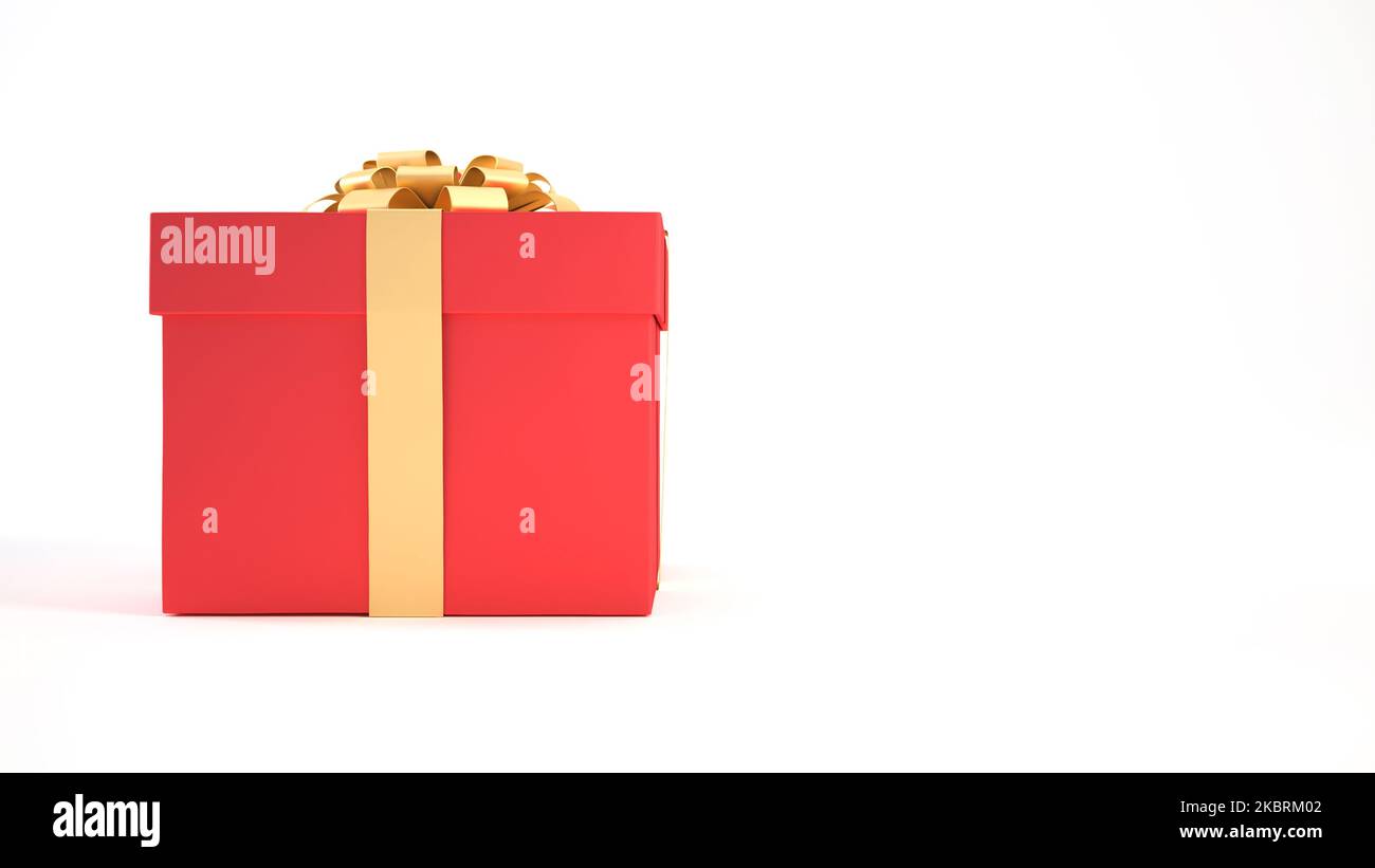 Red gift box with gold ribbon and bow isolated on white background and ...
