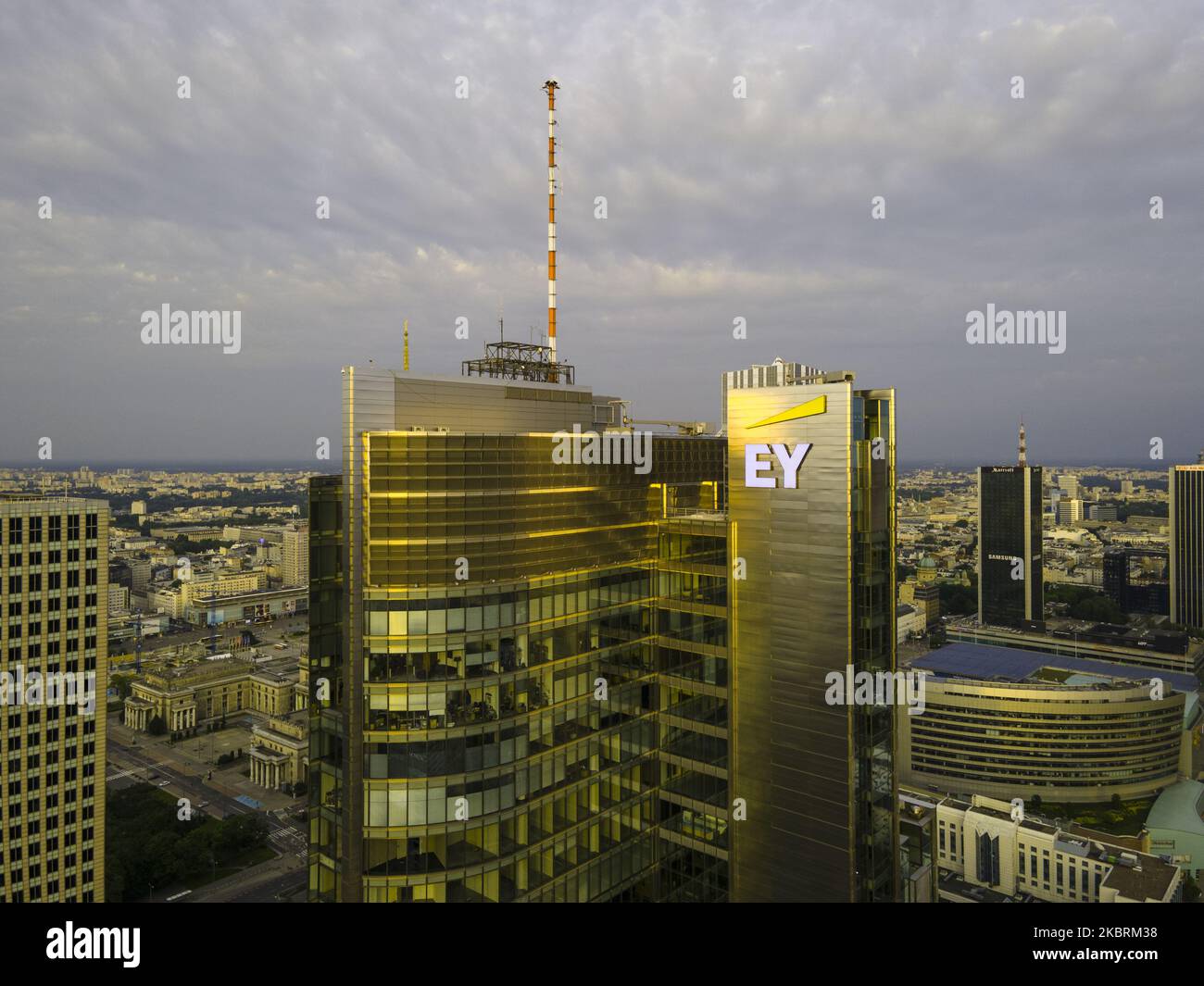 The Ernst and Young logo is seen on the Rondo 1 building on the Rondo ONZ roundabout on June 11, 2020 in Warsaw, Poland. (Photo by Jaap Arriens/NurPhoto) Stock Photo