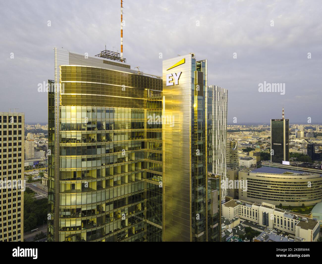 The Ernst and Young logo is seen on the Rondo 1 building on the Rondo ONZ roundabout on June 11, 2020 in Warsaw, Poland. (Photo by Jaap Arriens/NurPhoto) Stock Photo