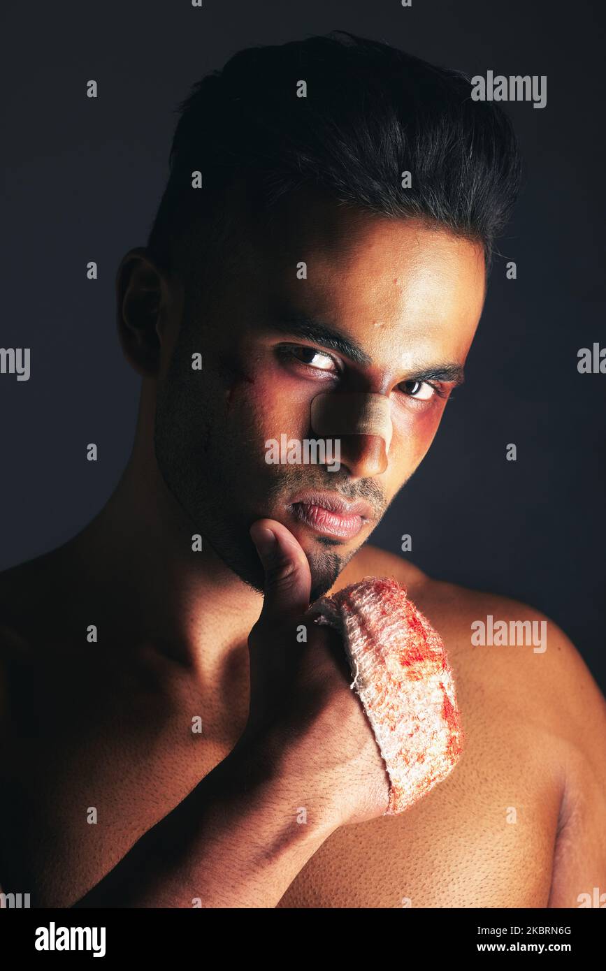 Blood, fight and man with boxing injury after sports competition with