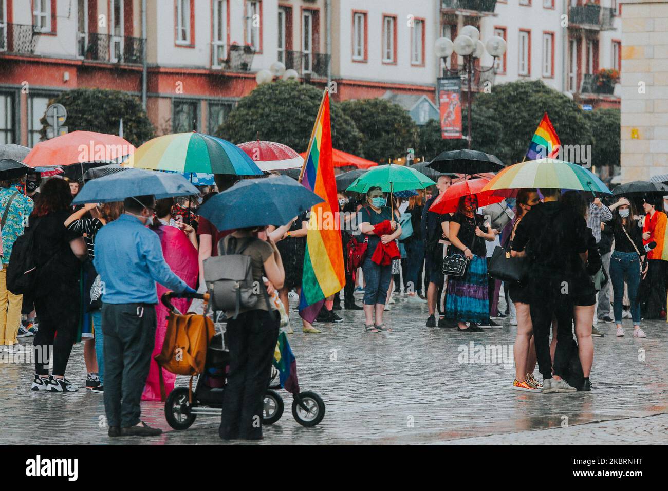 People take part in a protest in supported of the LGBT movement and urged voting for the opposition of the Pis Party in Wroclaw, Poland on June 26, 2020. (Photo by Krzysztof Zatycki/NurPhoto) Stock Photo