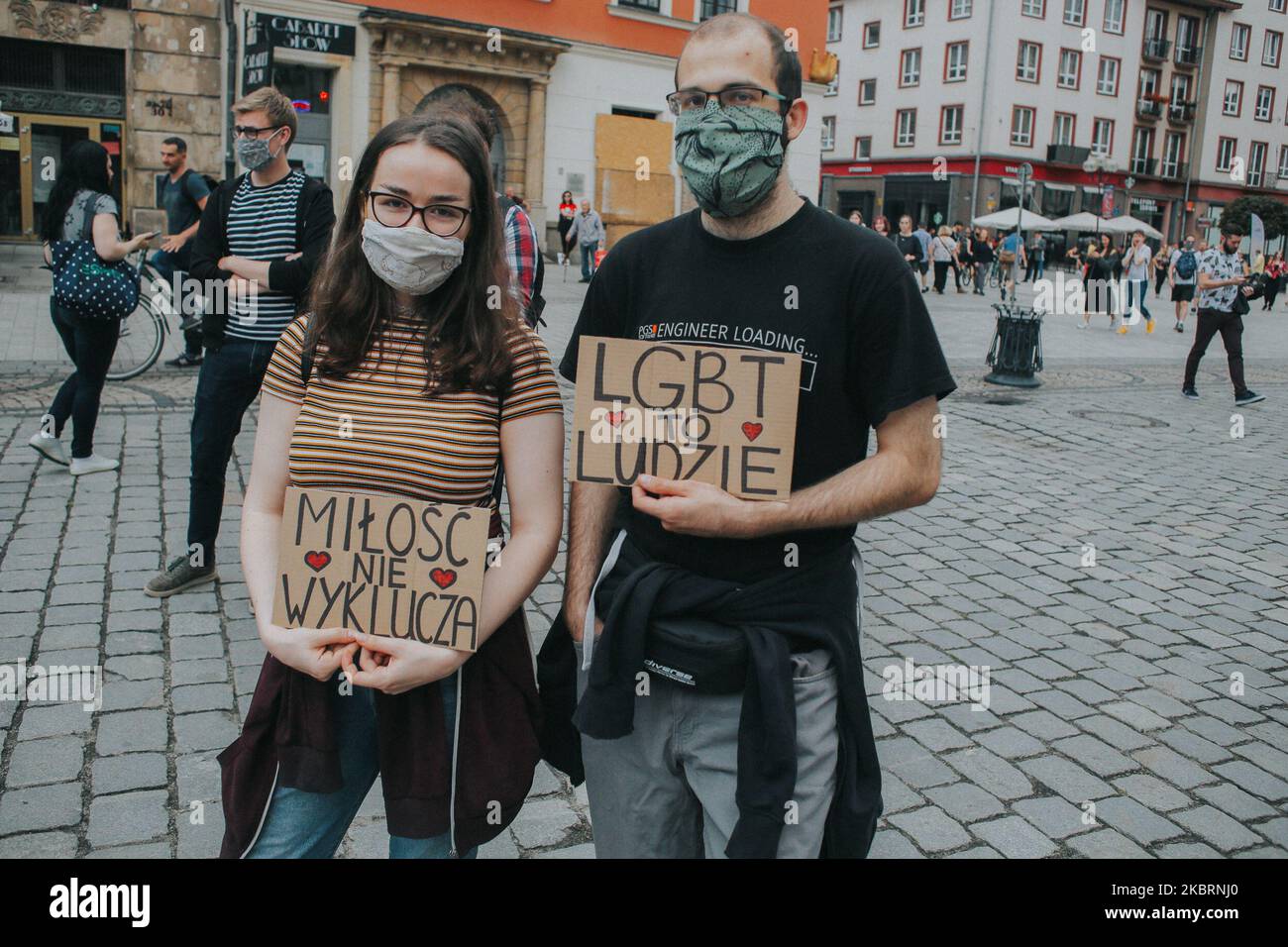 People take part in a protest in supported of the LGBT movement and urged voting for the opposition of the Pis Party in Wroclaw, Poland on June 26, 2020. (Photo by Krzysztof Zatycki/NurPhoto) Stock Photo