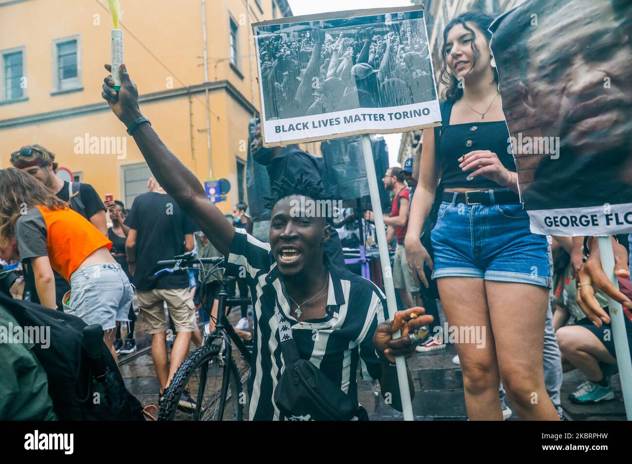 Turin, Italy 27th June 2020. Hundreds of demonstrators march to support Black Lives Matter during a protest against police brutality and racial inequality in the USA and other parts of the world in the aftermath of the death of George Floyd, which sparked protests worldwide. Demonstrators took part to voice their support for racial equality and to remember that racism is also an Italian problem. (Photo by Mauro Ujetto/NurPhoto) Stock Photo
