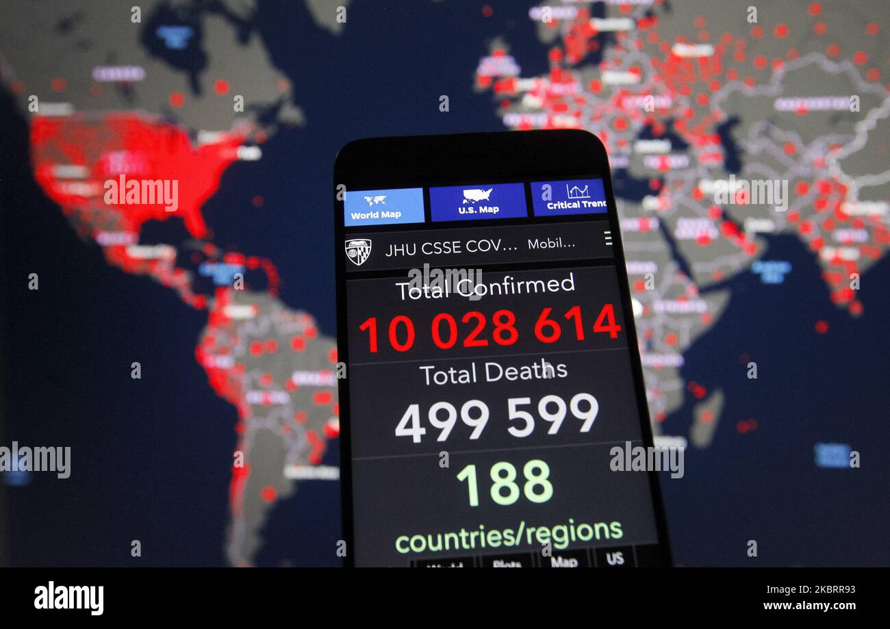 A world map of the COVID-19 coronavirus cases by the Center for Systems Science and Engineering (CSSE) at Johns Hopkins University (JHU) is seen on a smartphone and a monitor screens in Kyiv, Ukraine, on 28 June, 2020. Number of the COVID-19 coronavirus cases worldwide exceeds 10 million worldwide. Ukraine appeared in the list of countries with a high rate of COVID-19 coronavirus epidemic spread. The World Health Organization says that at least 11 countries in Europe including Albania, Azerbaijan, Bosnia and Herzegovina, Armenia, Northern Macedonia, Kazakhstan, Kyrgyzstan, Kosovo, Moldova, Swe Stock Photo