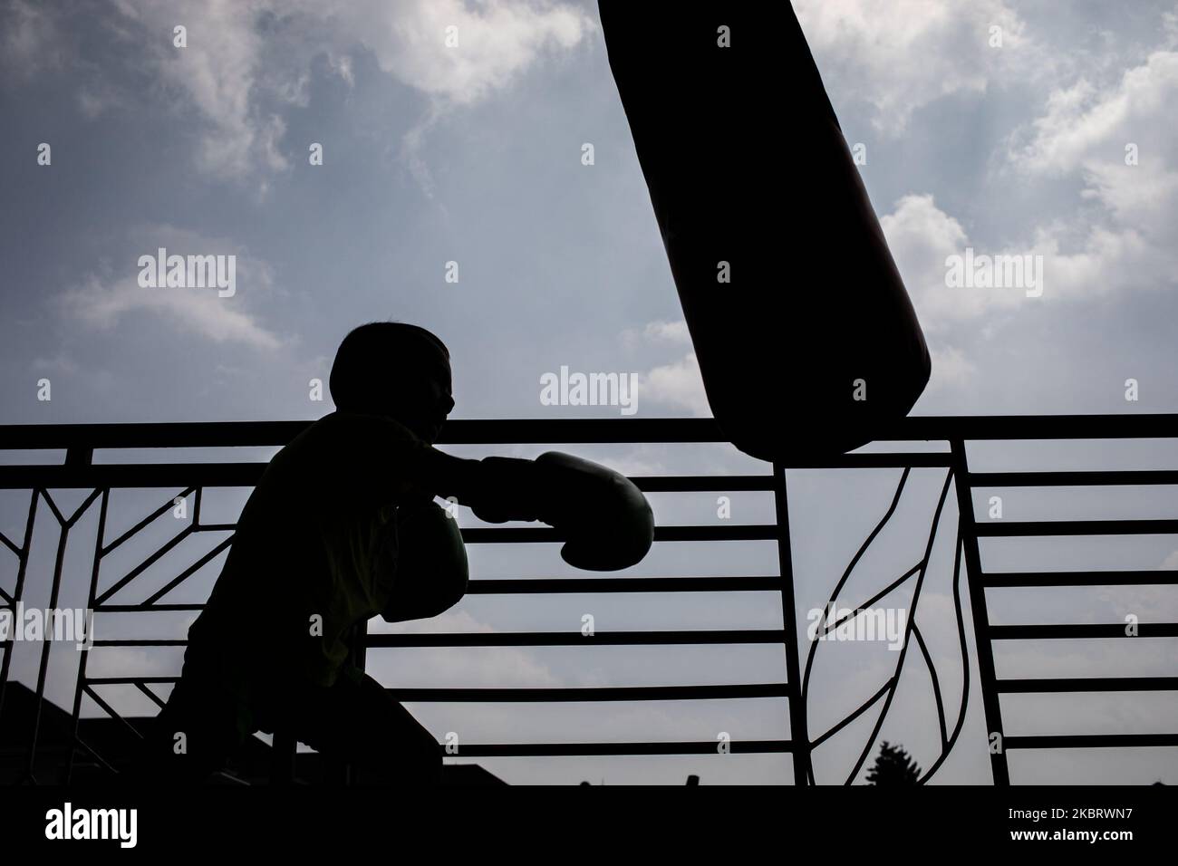 Navid Yosufi, 5 years old child refugee from Afghanistan in Indonesia mastering martial art performs in Bogor, West Java, Indonesia, 29 June 2020. (Photo by Donal Husni/NurPhoto) Stock Photo