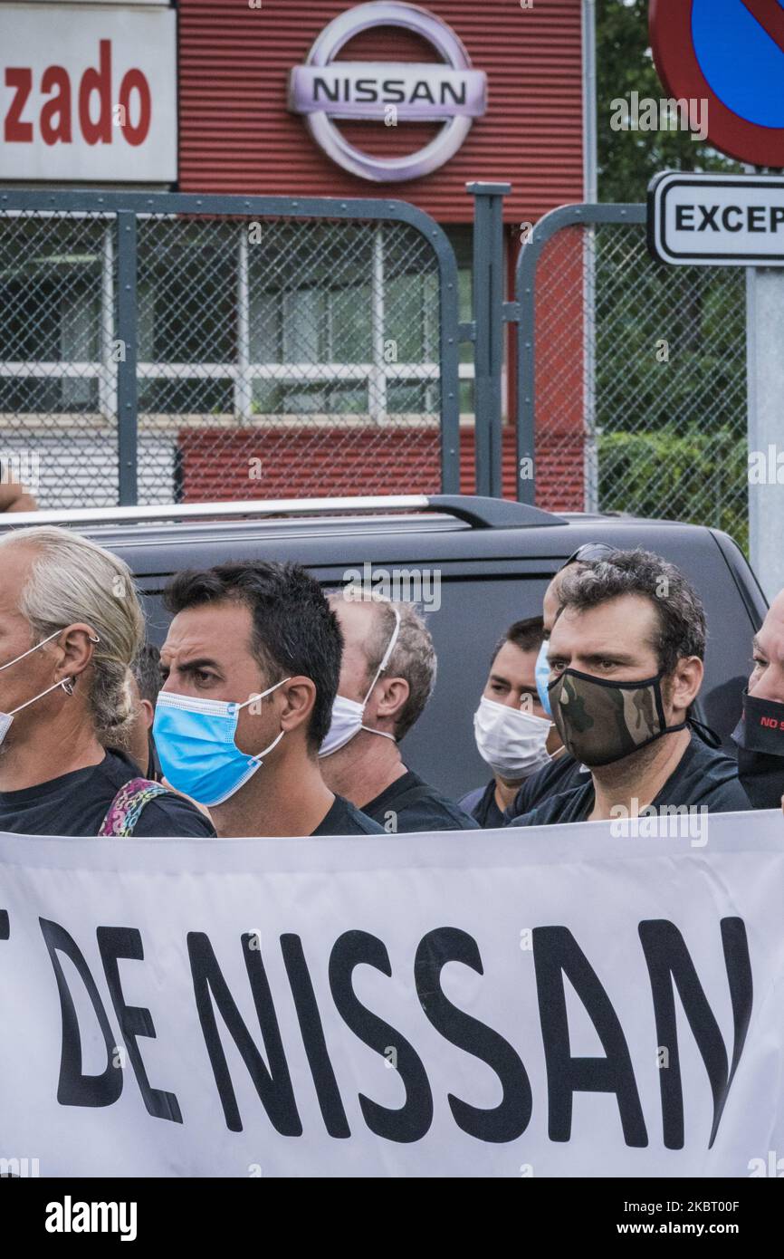 Fired workers of the Barcelona Nissan plant in a demonstration near the Cantabria Nissan plant, Spain, on July 1, 2020. They were asking for solidarity of another Nissan plants workers in Spain for not definitive close in Cataluna. (Photo by Celestino Arce/NurPhoto) Stock Photo