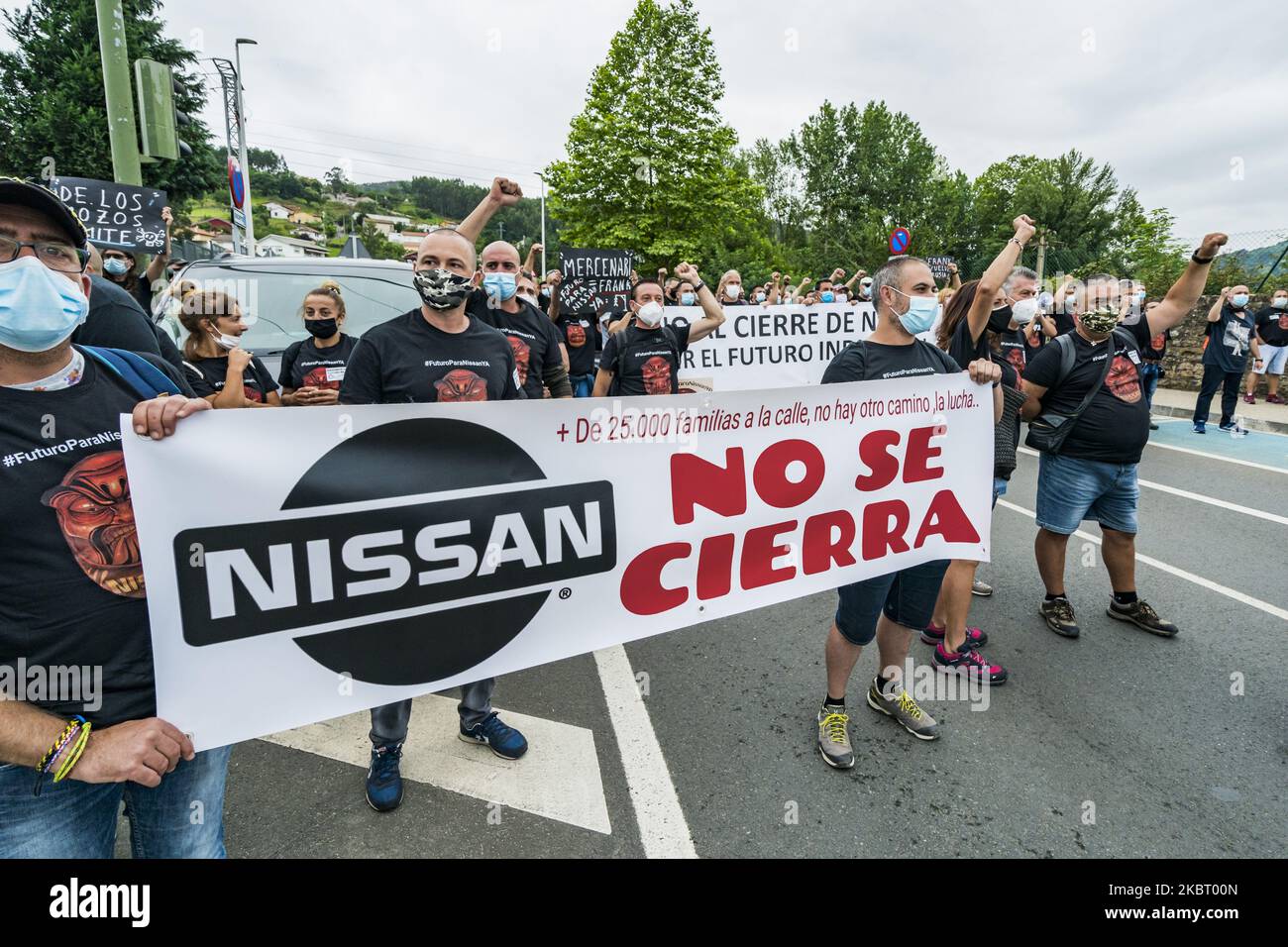 Demonstration of fired workers of the Barcelona Nissan plant near the Cantabria Nissan plant, Spain, on July 1, 2020. They were asking for solidarity of another Nissan plants workers in Spain for not definitive close in Cataluna. (Photo by Celestino Arce/NurPhoto) Stock Photo