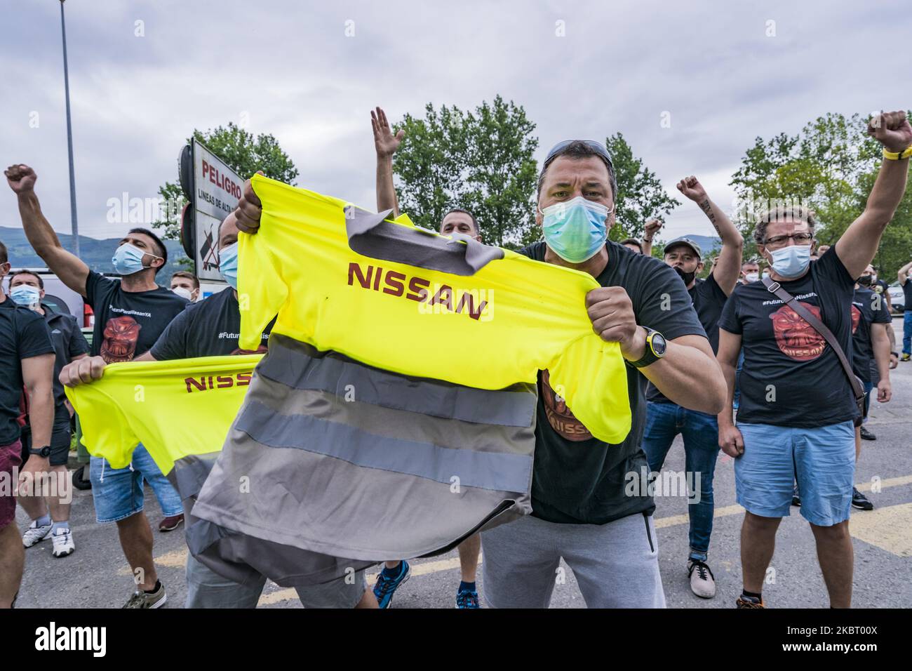 Fired workers of the Barcelona Nissan plant protest near the Cantabria Nissan plant, Spain, on July 1, 2020. They were asking for solidarity of another Nissan plants workers in Spain for not definitive close in Cataluna (Photo by Celestino Arce/NurPhoto) Stock Photo