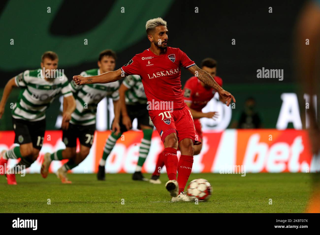 Ruben R. of Gil Vicente FC shoots to score a penalty during the Portuguese League football match between Sporting CP and Gil Vicente FC at Jose Alvalade stadium in Lisbon, Portugal on July 1, 2020. (Photo by Pedro FiÃºza/NurPhoto) Stock Photo