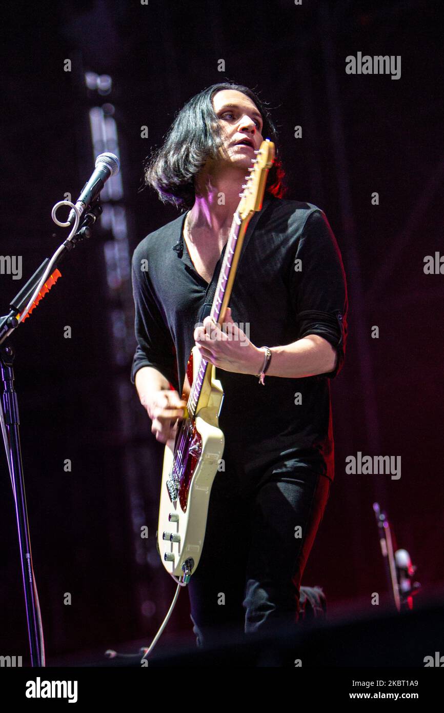 Brian Molko of Rock band Placebo performs live at Ippodromo del Galoppo in Milan, Italy, on July 22 2014 (Photo by Mairo Cinquetti/NurPhoto) Stock Photo