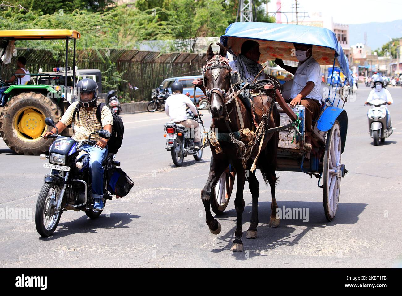 Indian man rides his 'tanga' (horse cart) in Ajmer, in the Indian state of Rajasthan, India on 02 July 2020. (Photo by Himanshu Sharma/NurPhoto) Stock Photo
