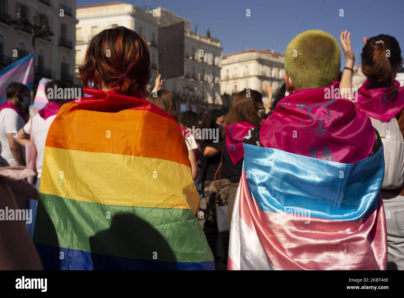 Protesters with face masks turned to Covid-10 wave trans flags during a demonstration calling for more rights for transsexuals during the pride celebrations at Puerta del Sol in Madrid, Spain, on July 4, 2020. (Photo by Oscar Gonzalez/NurPhoto) Stock Photo