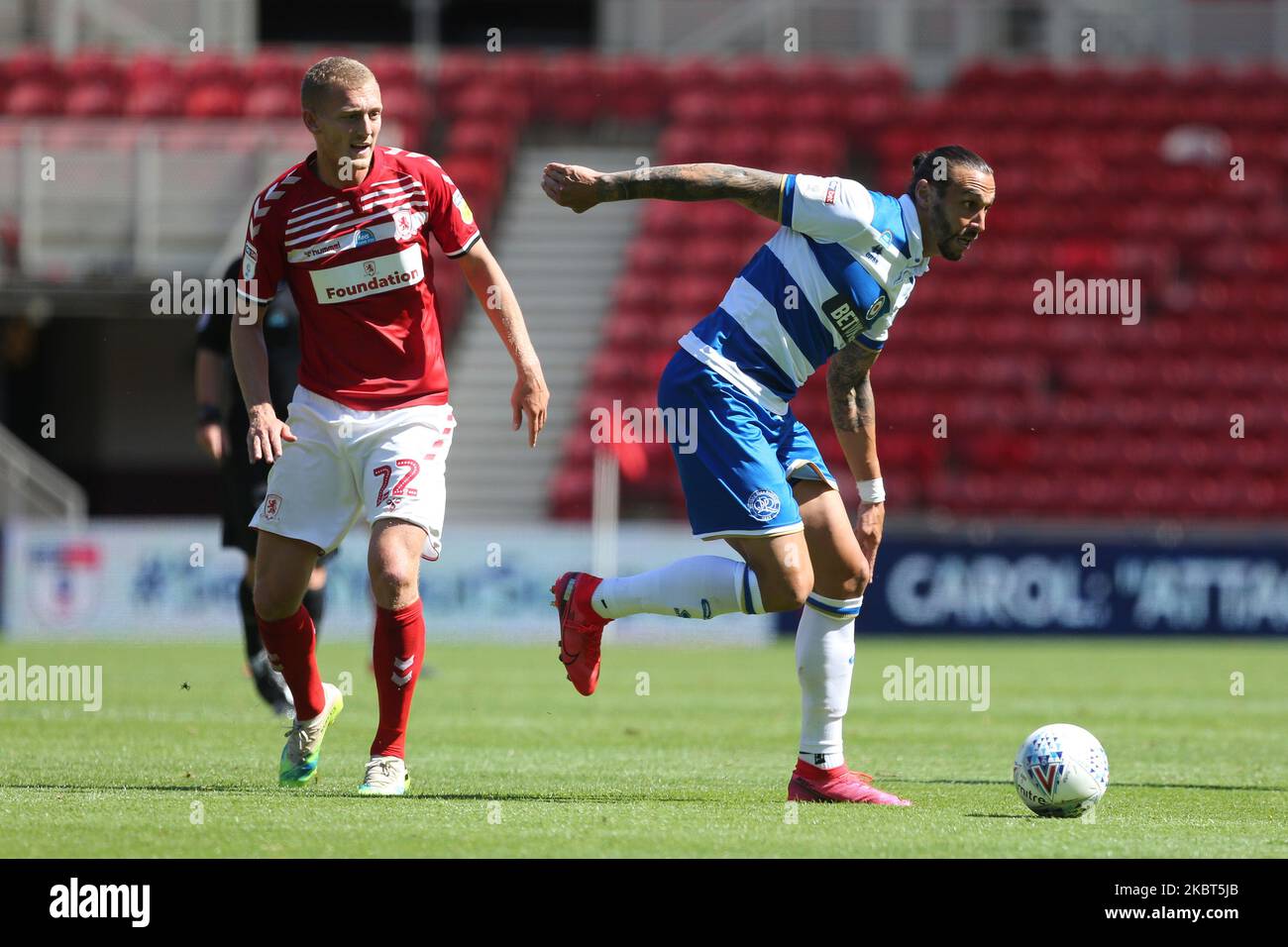 George Saville of Middlesbrough and Geoff Cameron of Queens Park Rangers during the Sky Bet Championship match between Middlesbrough and Queens Park Rangers at the Riverside Stadium, Middlesbrough, England on July 5, 2020. (Photo by Mark Fletcher/MI News/NurPhoto) Stock Photo