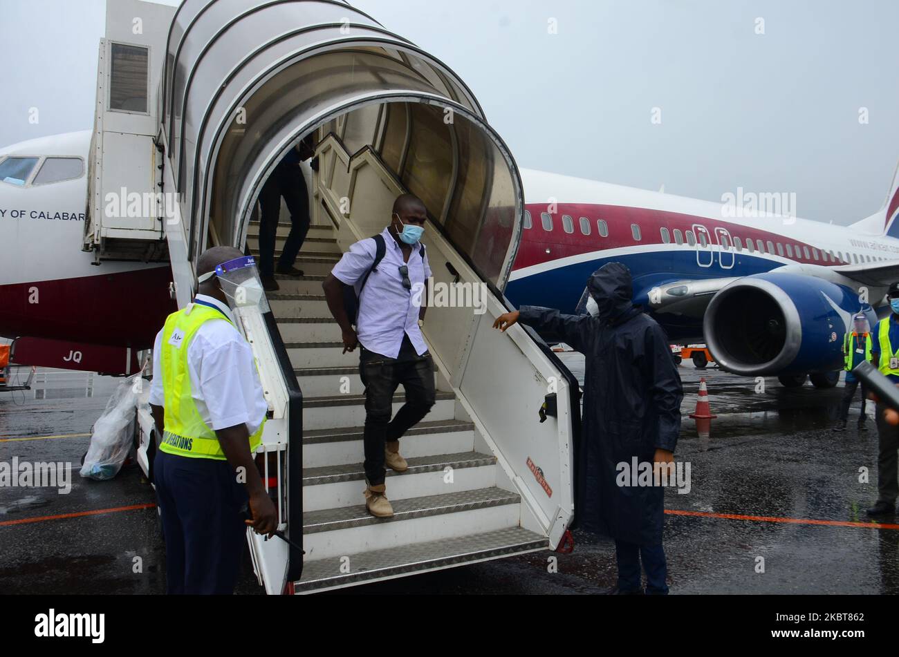 Passengers on arrival from Abuja to Lagos at Murtala Muhammed International Airport, Alpha hall on July 8, allowing passengers to fly from Lagos-Abuja, on its reopening day following moths of closure due to sanitary measures taking to curb the spread of COVID-19 disease caused by the novel coronavirus. Lagos on July 8, 2020. (Photo by Olukayode Jaiyeola/NurPhoto) Stock Photo