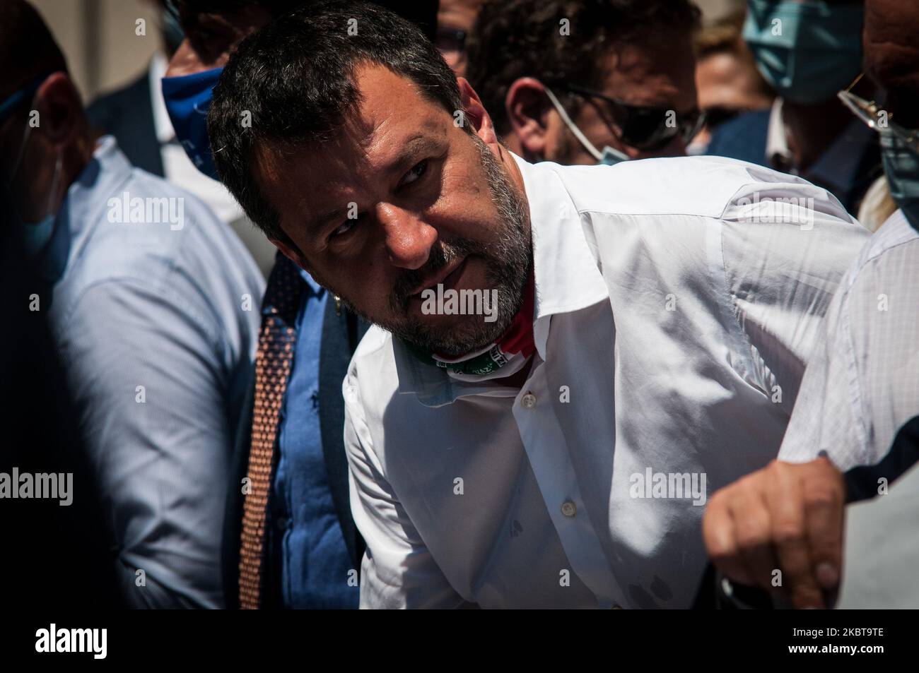 Lega Political party leader Matteo Salvini protest during a demonstration called 'Blocca Italia' (Block Italy) on July 9, 2020 in Rome, Italy. The leader of the Lega is protesting against the Italian government who he thinks is blocking the Italian economy and to request the release of the situation of Autostrade S.p.A. (Photo by Andrea Ronchini/NurPhoto) Stock Photo