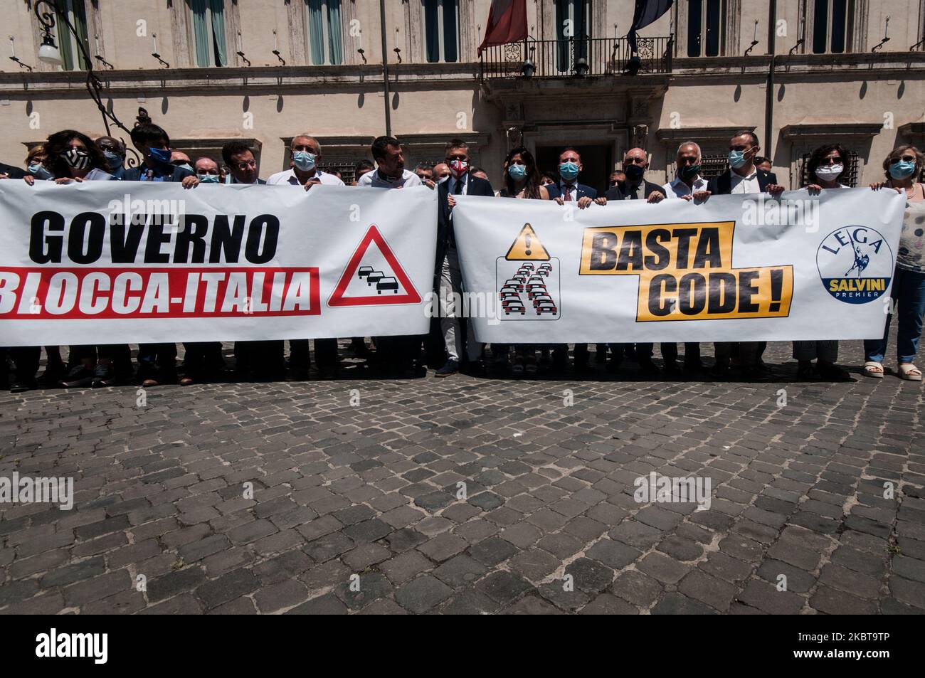 Lega Political party leader Matteo Salvini protest during a demonstration called 'Blocca Italia' (Block Italy) on July 9, 2020 in Rome, Italy. The leader of the Lega is protesting against the Italian government who he thinks is blocking the Italian economy and to request the release of the situation of Autostrade S.p.A. (Photo by Andrea Ronchini/NurPhoto) Stock Photo
