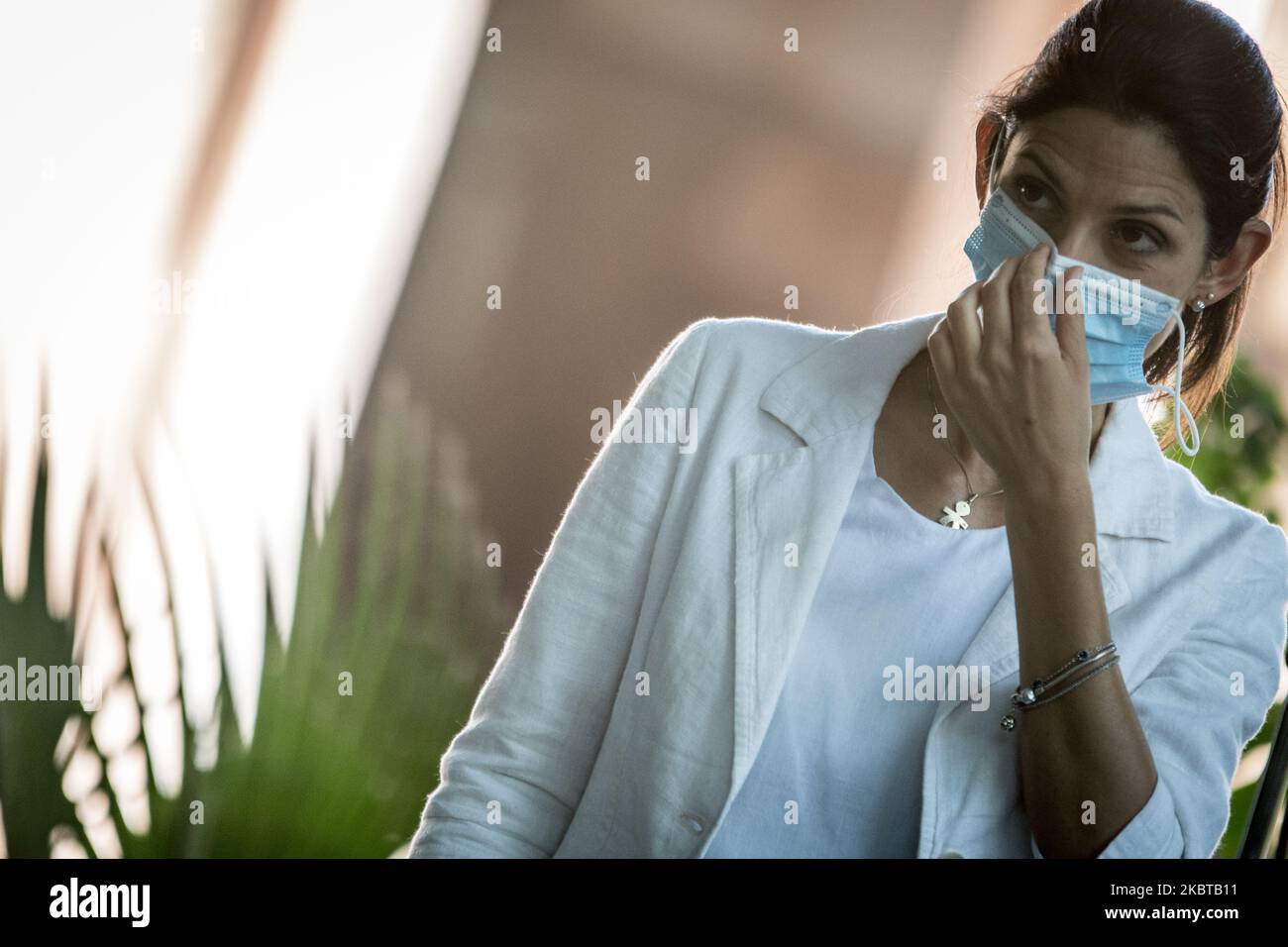 Mayor of Rome Virginia Raggi speaks at the press meeting to present the birth of two Asian lions at the Bioparco in Rome, Italy on July 10, 2020. (Photo by Andrea Ronchini/NurPhoto) Stock Photo