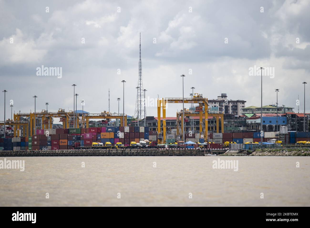 A general view of the Asia World port terminal located along the Yangon river in Yangon, Myanmar on 12 July, 2020. (Photo by Shwe Paw Mya Tin/NurPhoto) Stock Photo