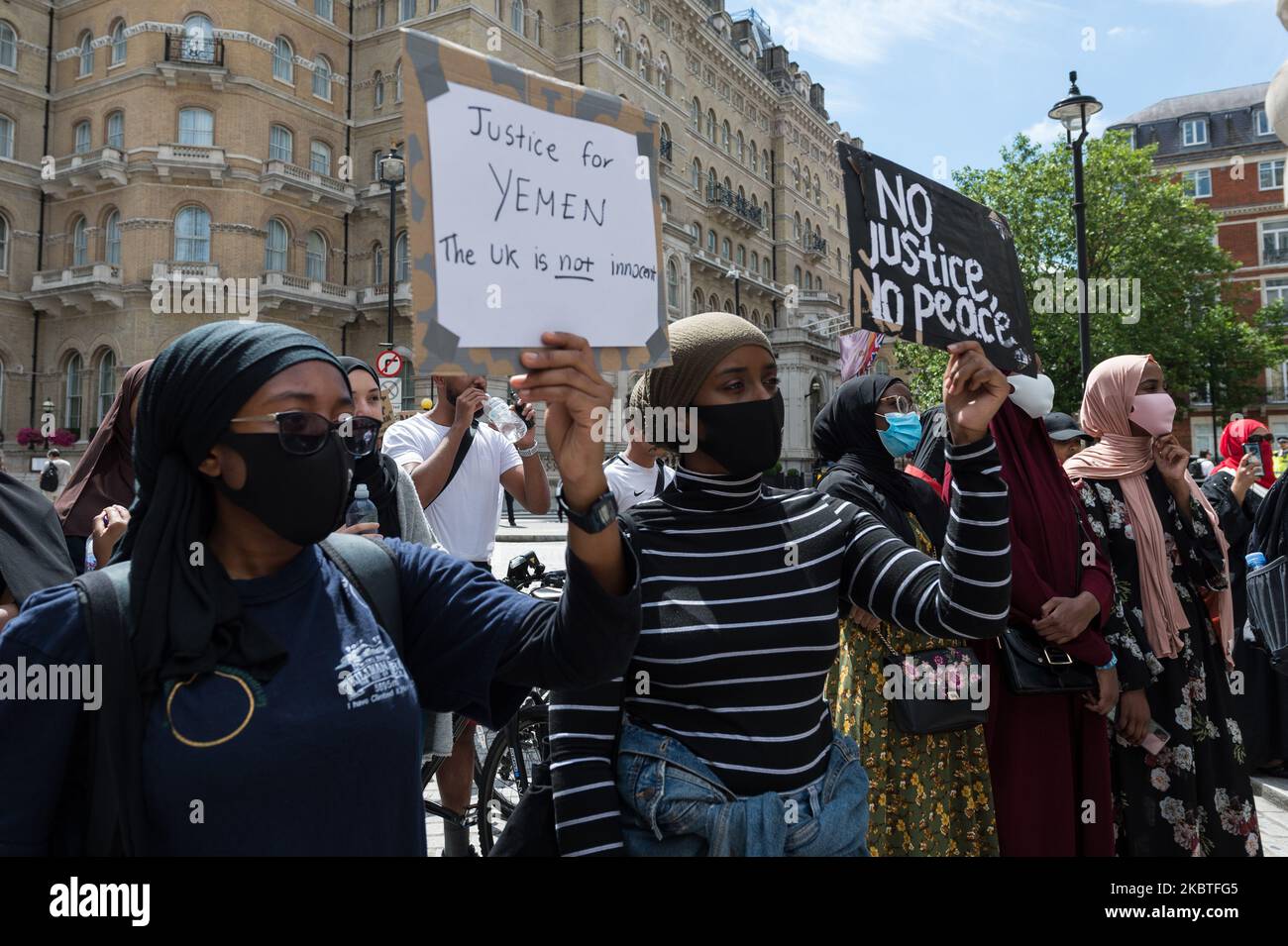 Demonstrators gather outside BBC Broadcasting House for a march through central London in a protest against the ongoing conflict in Yemen, via the embassies of countries involved in the conflict - Saudi Arabia, United Arab Emirates and Iran on 12 July, 2020 in London, England. The UK is set to resume arms sales to Saudi Arabia, which were suspended last year after a legal challenge brought by campaigners, despite concerns they could be used against civilians in Yemen and therefore in violation of international humanitarian law. (Photo by WIktor Szymanowicz/NurPhoto) Stock Photo