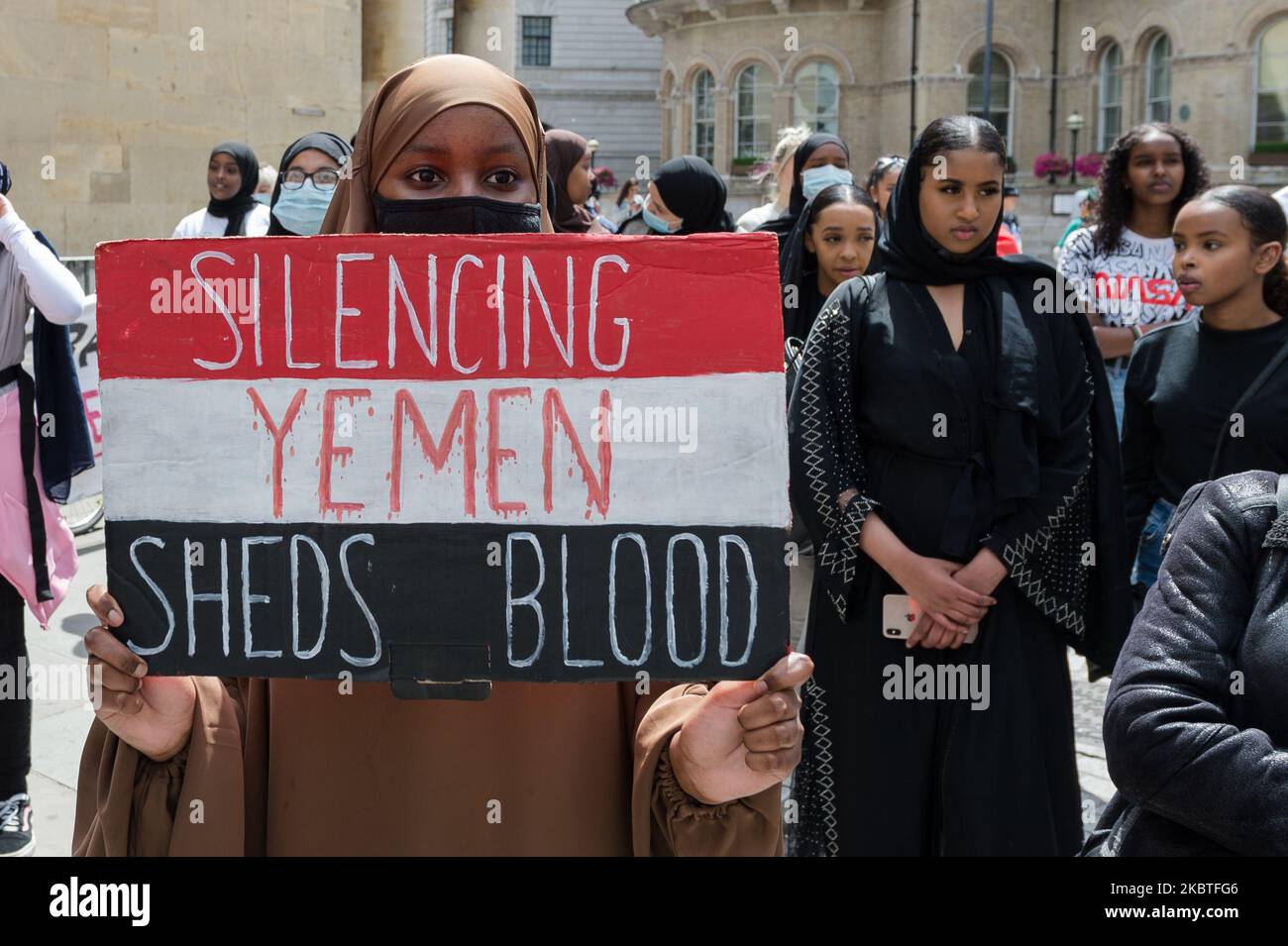 Demonstrators gather outside BBC Broadcasting House for a march through central London in a protest against the ongoing conflict in Yemen, via the embassies of countries involved in the conflict - Saudi Arabia, United Arab Emirates and Iran on 12 July, 2020 in London, England. The UK is set to resume arms sales to Saudi Arabia, which were suspended last year after a legal challenge brought by campaigners, despite concerns they could be used against civilians in Yemen and therefore in violation of international humanitarian law. (Photo by WIktor Szymanowicz/NurPhoto) Stock Photo