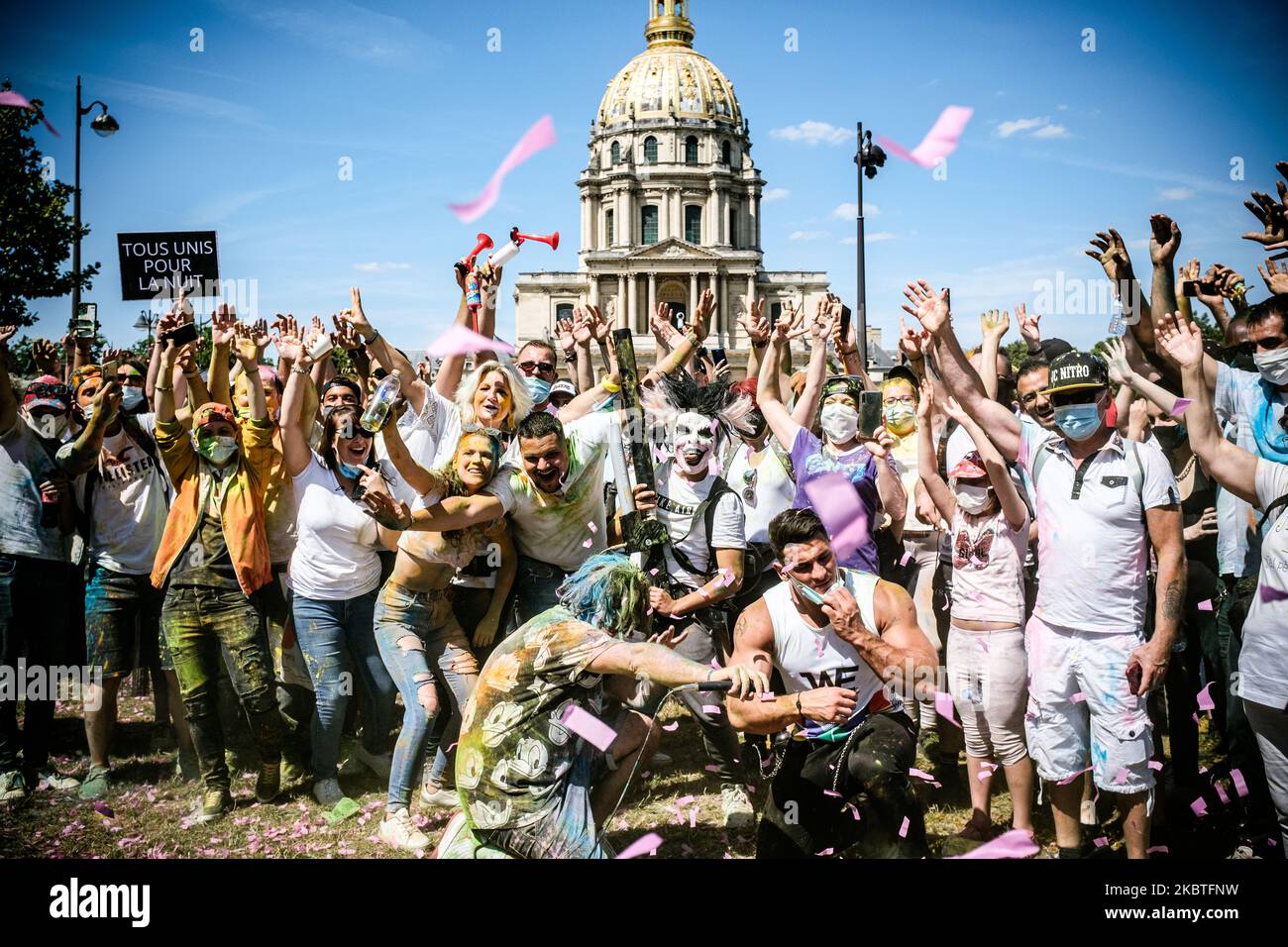 Nightclub owners expressed their anger on the Place Vauban in Paris, France, on July 12, 2020 near the Ministry of Health, a few days after the announcement that nightclubs (discos, nightclubs, dance floors, etc.) would remain closed until at least the end of September for health reasons following the COVID-19 coronavirus epidemic. (Photo by Samuel Boivin/NurPhoto) Stock Photo