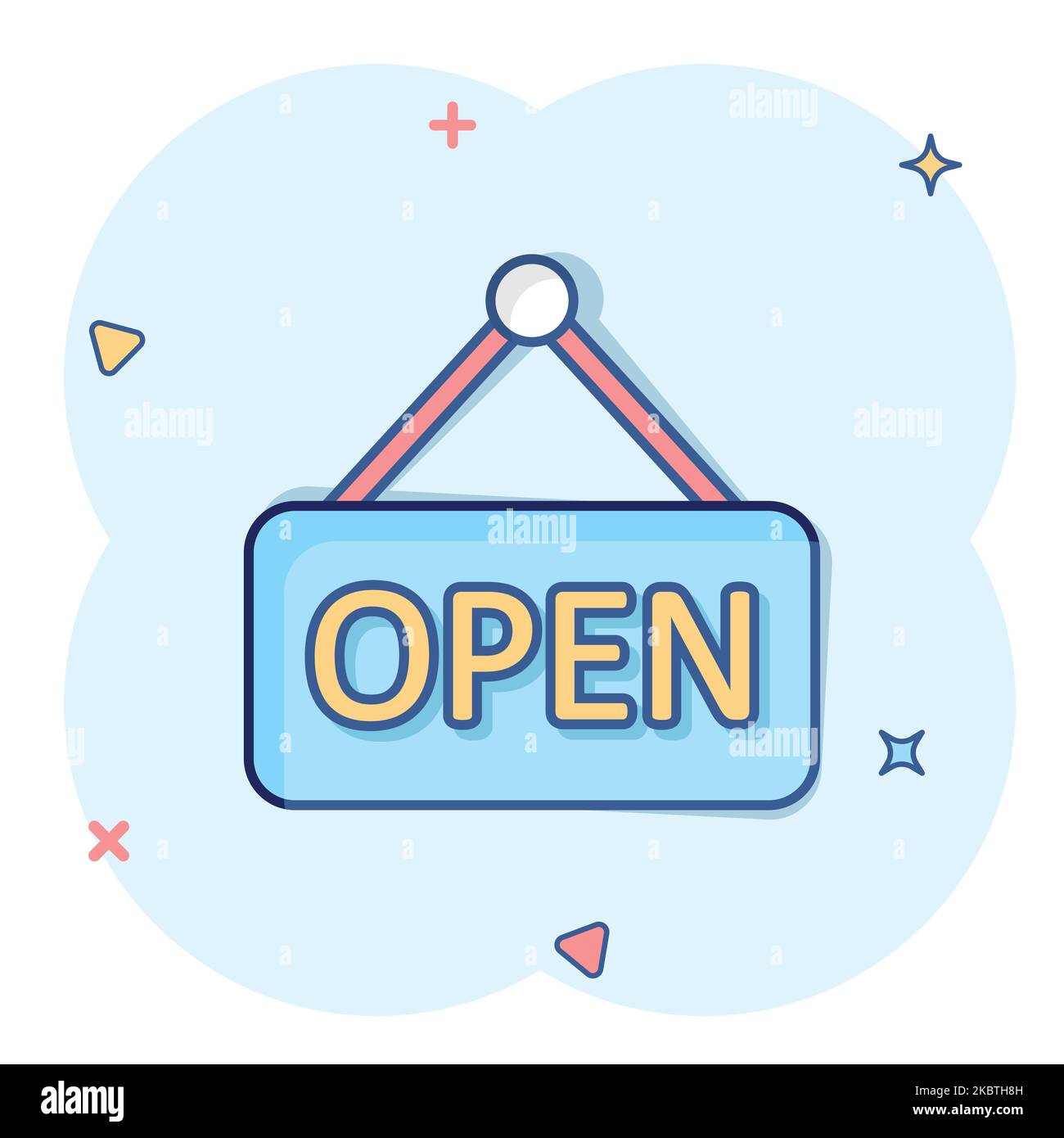 Open sign icon in comic style. Accessibility cartoon vector illustration on white isolated background. Message splash effect business concept. Stock Vector