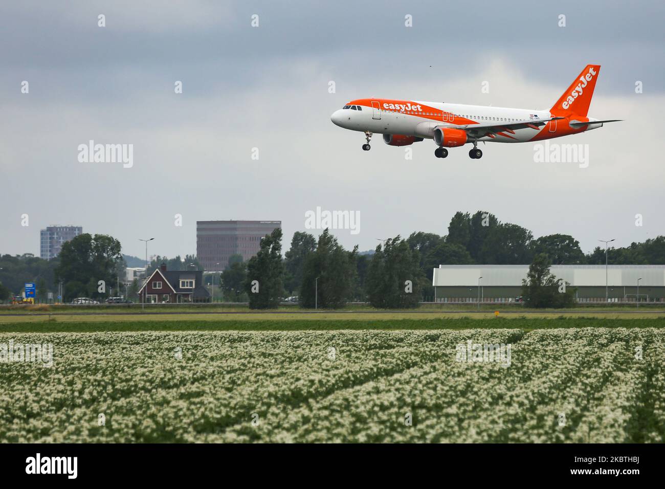 EasyJet Europe low cost airline Airbus A320 aircraft as seen on final approach on final flying, touch down, landing and breaking phase at Amsterdam Schiphol AMS EHAM International Airport in the Netherlands on July 2, 2020. The British budget carrier with headquarters in London, U2 Easy Jet is flying an all airbus fleet. The specific narrow body airplane has the registration OE-INP and 2x CFMI engines and is the branch part of EasyJet Europe Airline BmbH fleet EC EJU ALPINE based in Vienna. (Photo by Nicolas Economou/NurPhoto) Stock Photo