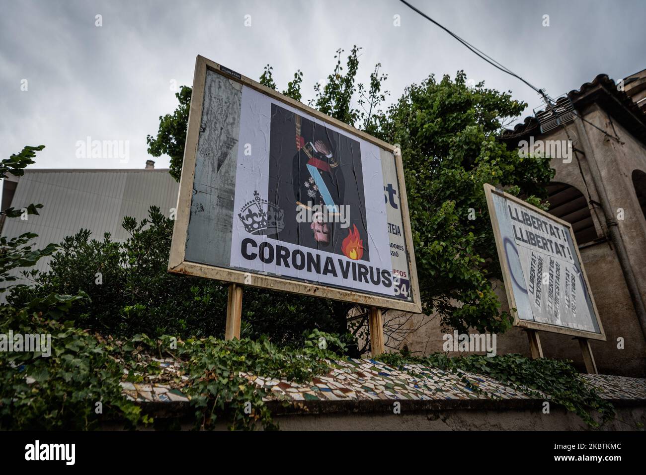 An anti-monarchist poster has appeared in Girona, Spain, on July 14, 2020. The kings of Spain are planning to visit the cities of Figueres (Girona) and Barcelona this week. (Photo by Adria Salido Zarco/NurPhoto) Stock Photo