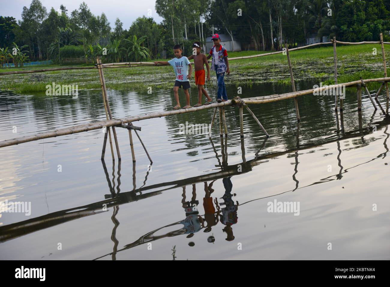 Bangladeshi village children cross flood waters on the bamboo made bridge as they make their way