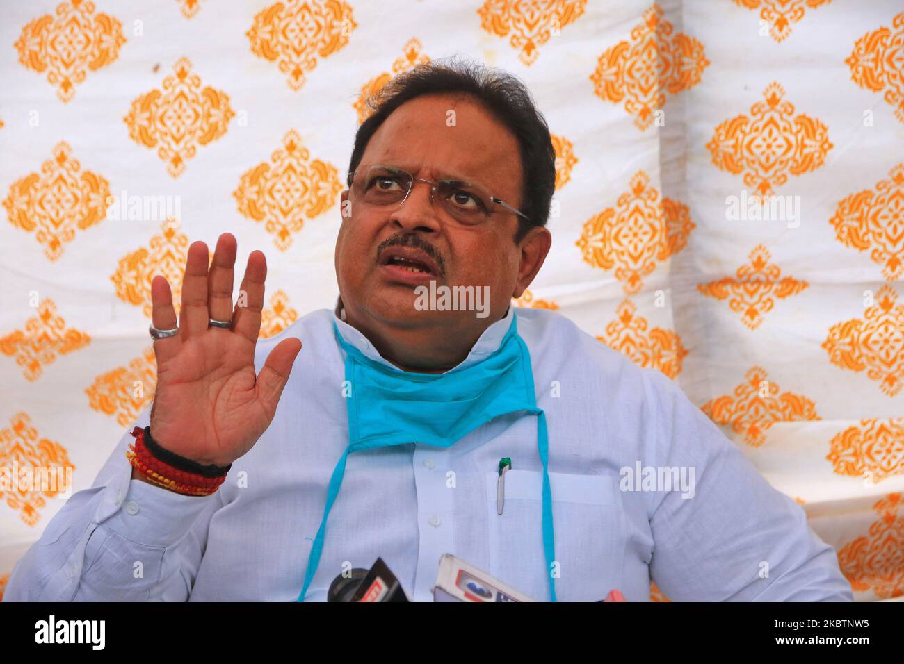 Rajasthan Health Minister Raghu Sharma addresses media over the MLAs horse trading and congress party politics crisis , outside a hotel where Congress leaders and MLA are staying in Jaipur, Rajasthan, India, on July 16, 2020. (Photo by Vishal Bhatnagar/NurPhoto) Stock Photo